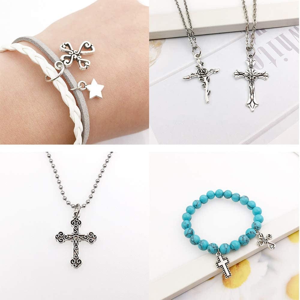 100Pcs 13X27Mm Silver Small Cross Charms Pendants Beads for Jewelry Making Crafting Findings Accessory for DIY Necklace Bracelet (7916) Antique Silver#13x27mm