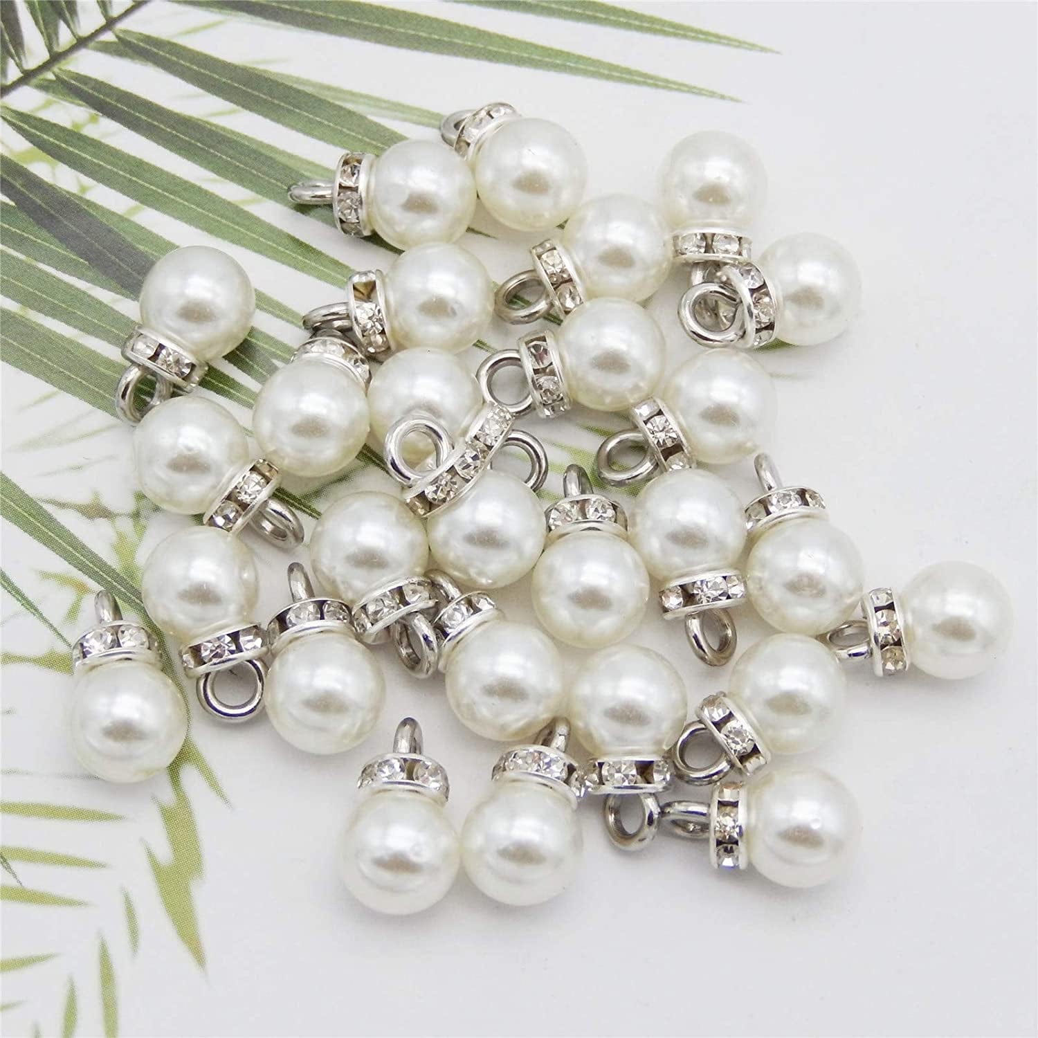 100Pcs 8Mm White Imitation Pearl Charms Pendants Faux Pearl Beads Charms with Rhinestone for Dangle Earrings Necklace Jewelry Making