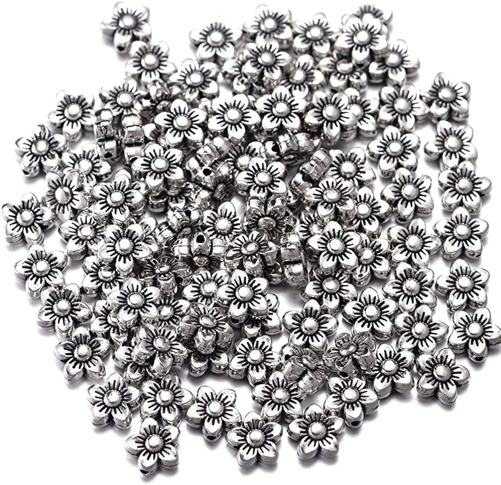 100Pcs Antique Silver Flower Pendant Beads Charms Bracelet DIY Jewelry Making 8.5Mmx8.5Mm (A539)