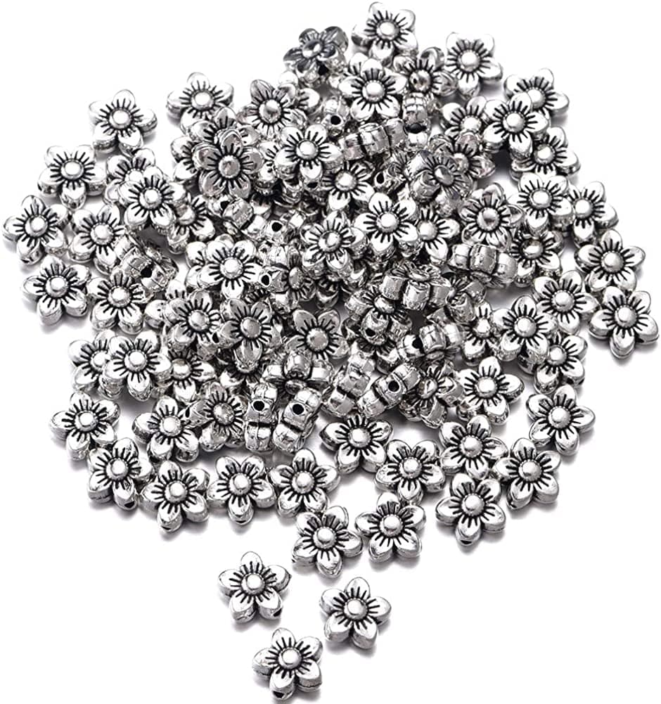 100Pcs Antique Silver Flower Pendant Beads Charms Bracelet DIY Jewelry Making 8.5Mmx8.5Mm (A539)