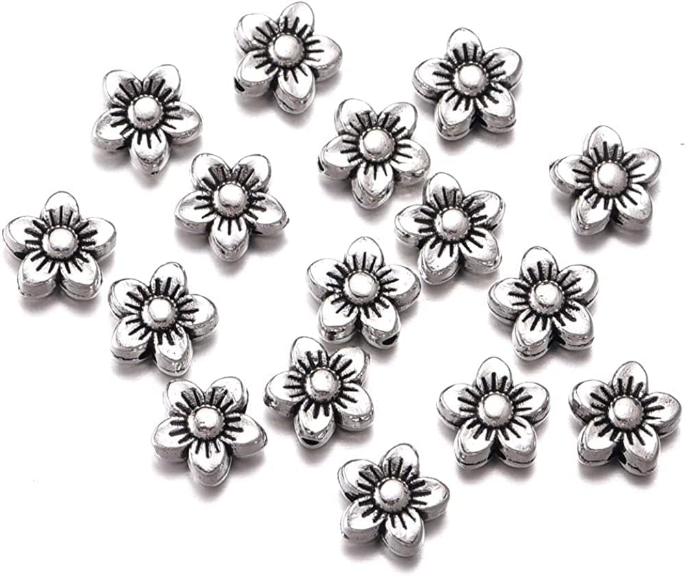 100Pcs Antique Silver Flower Pendant Beads Charms Bracelet DIY Jewelry Making 8.5Mmx8.5Mm (A539)