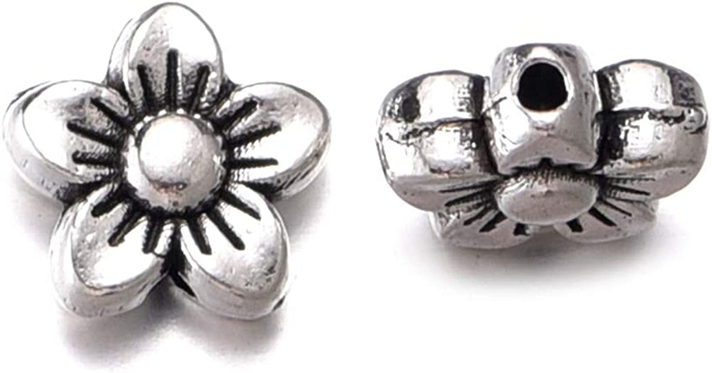 100Pcs Antique Silver Flower Pendant Beads Charms Bracelet DIY Jewelry Making 8.5Mmx8.5Mm (A539)