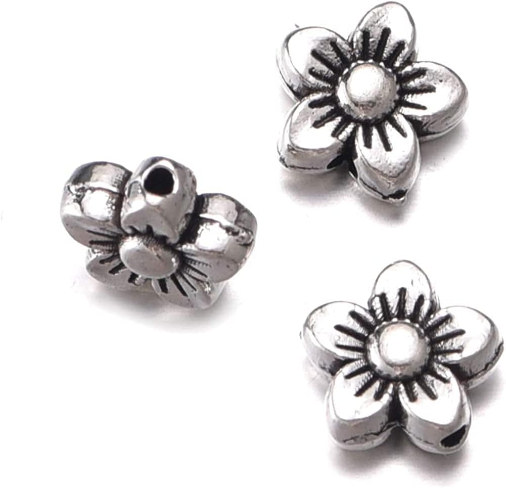 100Pcs Antique Silver Flower Pendant Beads Charms Bracelet DIY Jewelry Making 8.5Mmx8.5Mm (A539)