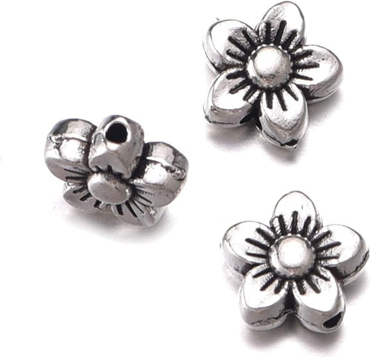 100Pcs Antique Silver Flower Pendant Beads Charms Bracelet DIY Jewelry Making 8.5Mmx8.5Mm (A539)