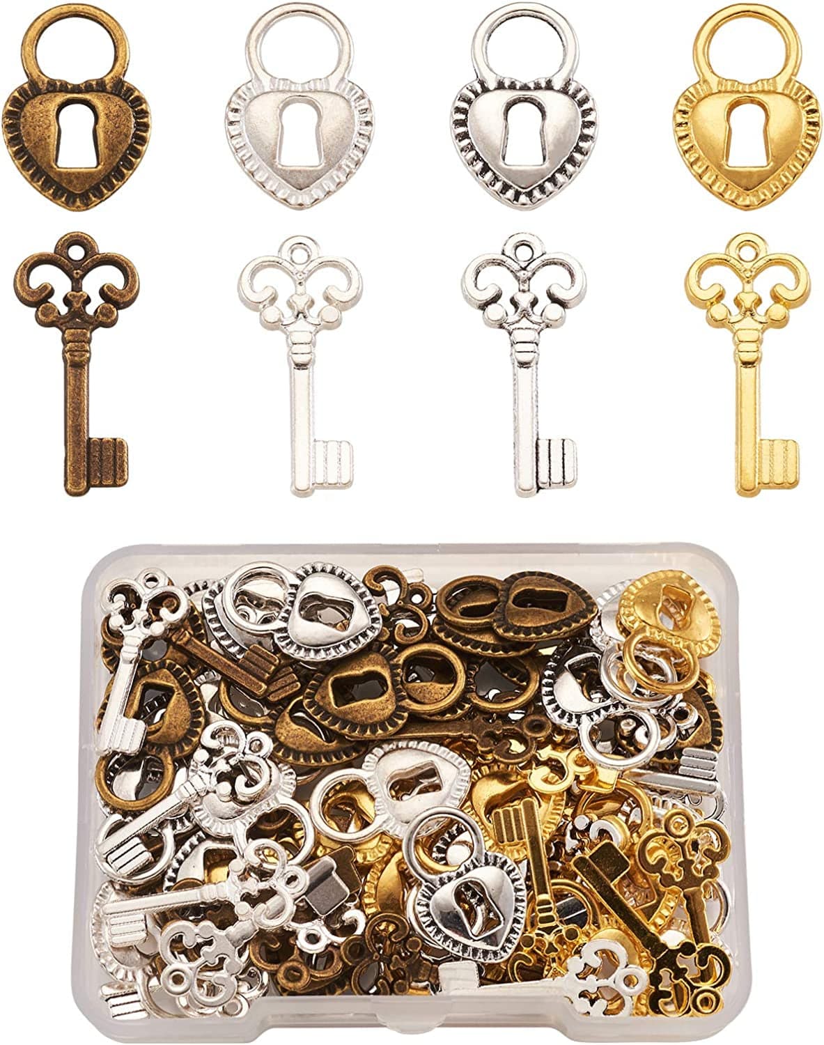 100Pcs Antique Silver Heart Charm Pendants Tibetan Style Extender Chain Drops Charms for Making Choker Necklace Bracelet Earrings Jewelry DIY Accessories Heart Lock & Key-- Assorted Color