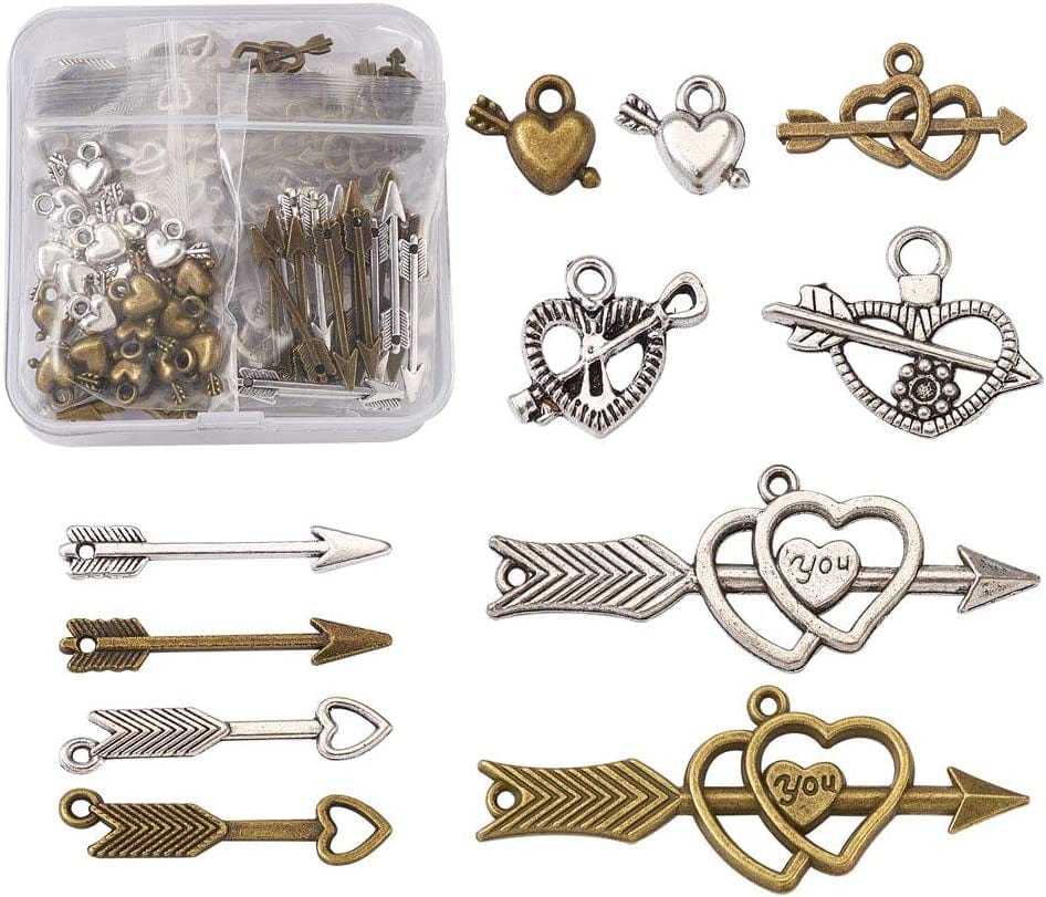 100Pcs Antique Silver Heart Charm Pendants Tibetan Style Extender Chain Drops Charms for Making Choker Necklace Bracelet Earrings Jewelry DIY Accessories Heart with Arrow-- Assorted