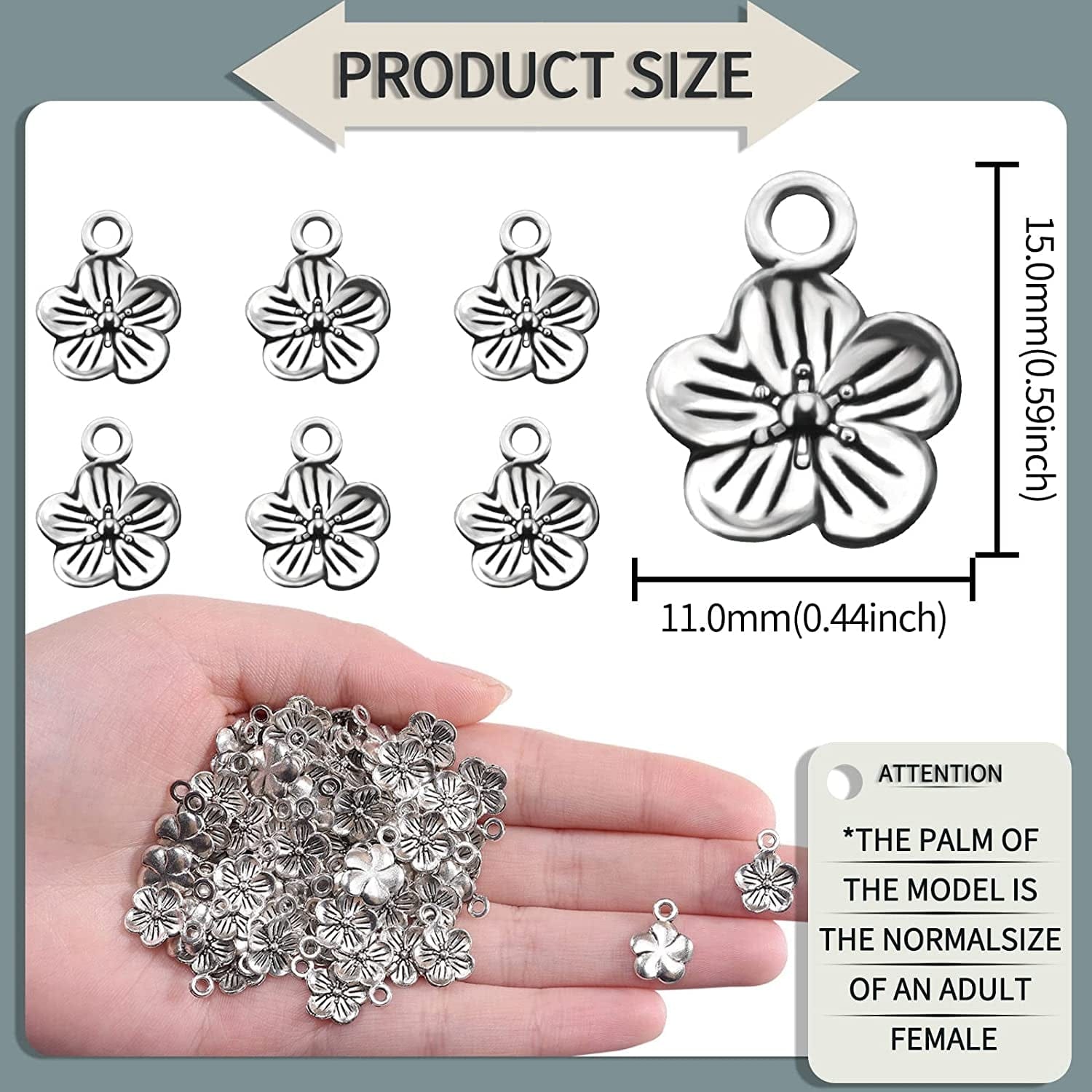 100Pcs Antique Silver Plated Flowers Charms Pendant DIY Bracelets Necklace Jewelry Making Craft Wholesale 15Mmx11Mm(A283)