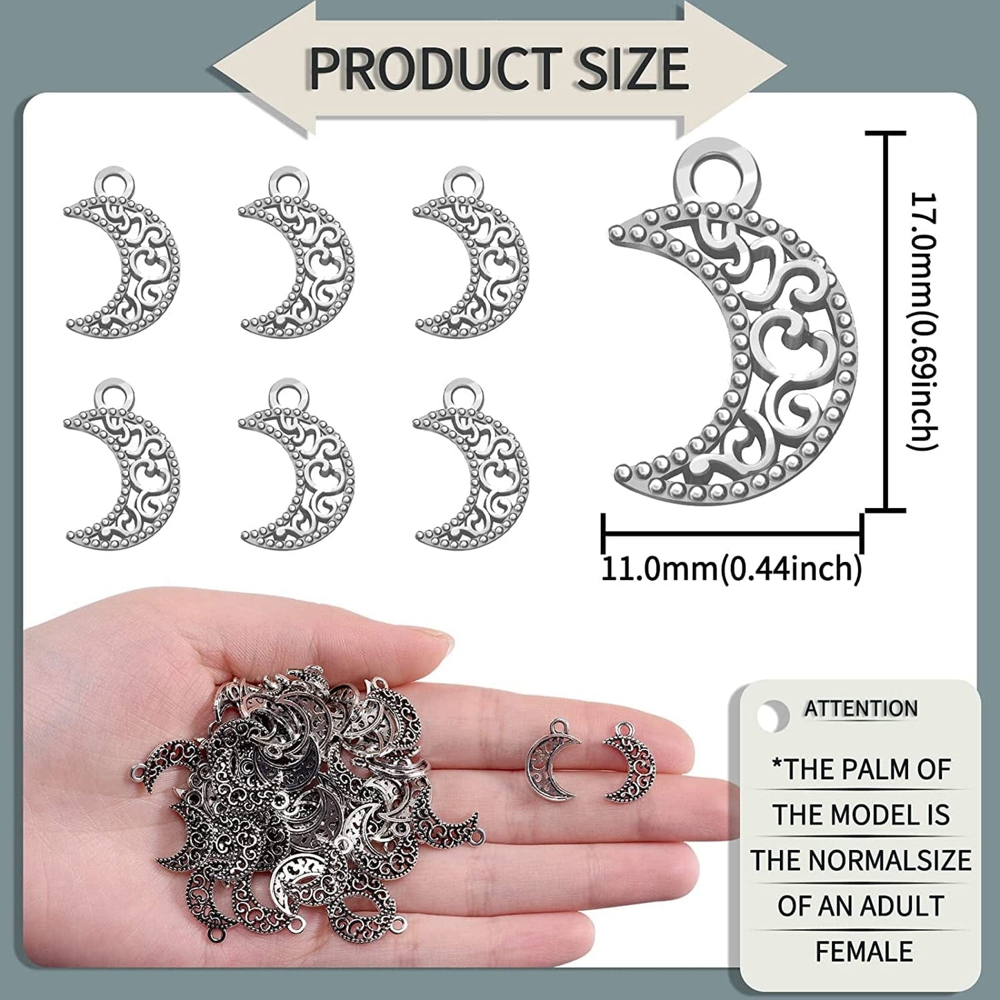 100Pcs Antique Silver Plated Hollow Out Moon Charms Pendant DIY Bracelets Necklace Jewelry Making Craft Wholesale 17Mmx11Mm(A284)