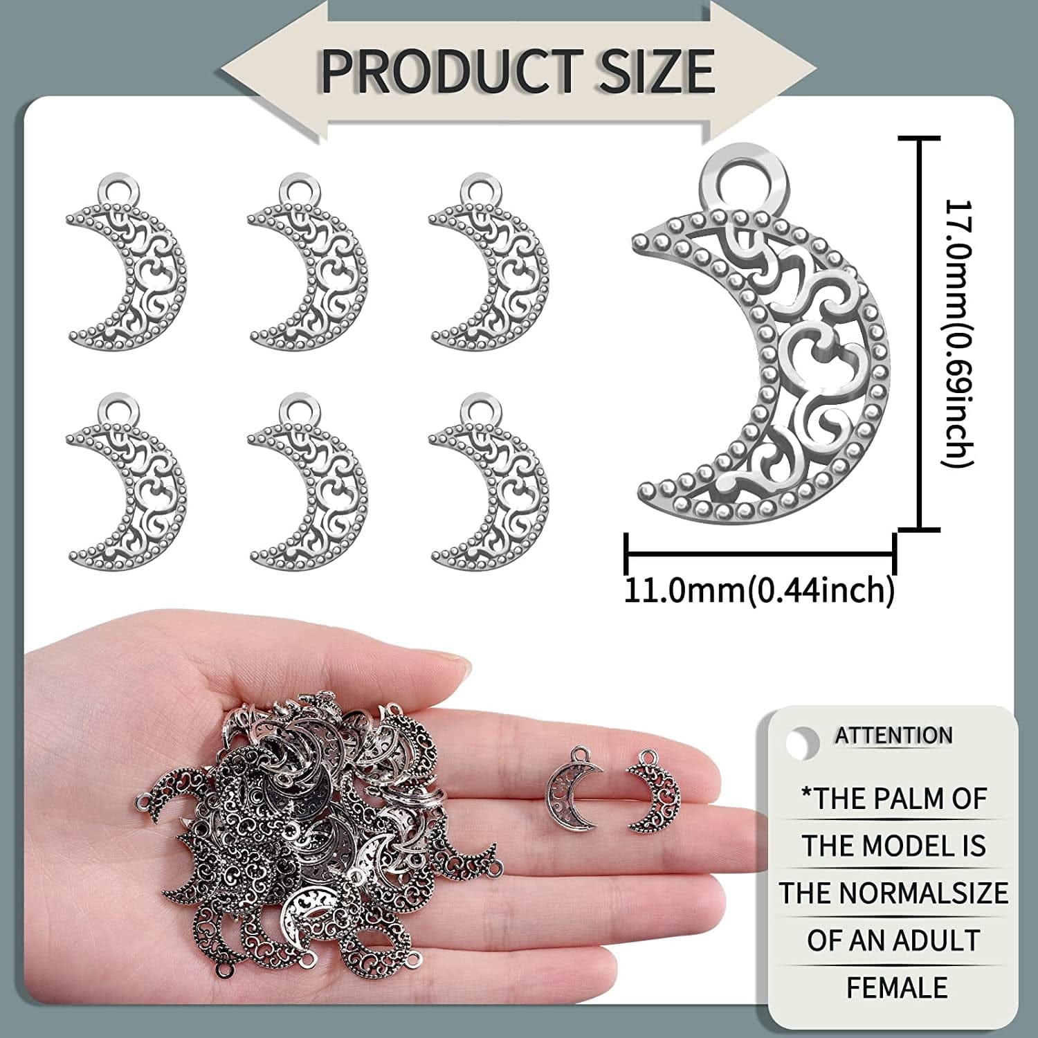 100Pcs Antique Silver Plated Hollow Out Moon Charms Pendant DIY Bracelets Necklace Jewelry Making Craft Wholesale 17Mmx11Mm(A284)