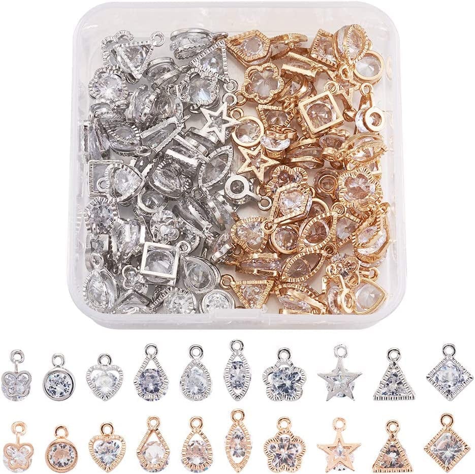 100Pcs Cubic Zirconia Alloy Charms Heart Shaped KC Gold Pendants for Jewelry Making Choker Tiny Dangle Accessories Valentine'S Day Wedding Light Gold & Platinum-Mixed Shape