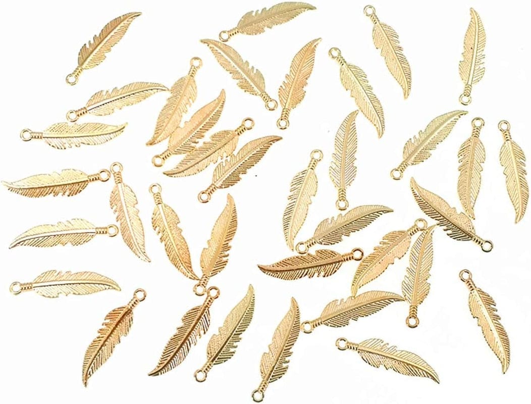 100Pcs Indian Style Feather Charm Pendant for DIY Key Chain Sweater Chain Bracelet Necklace Jewelry Making Findings(Antique Silver Tone) Golden