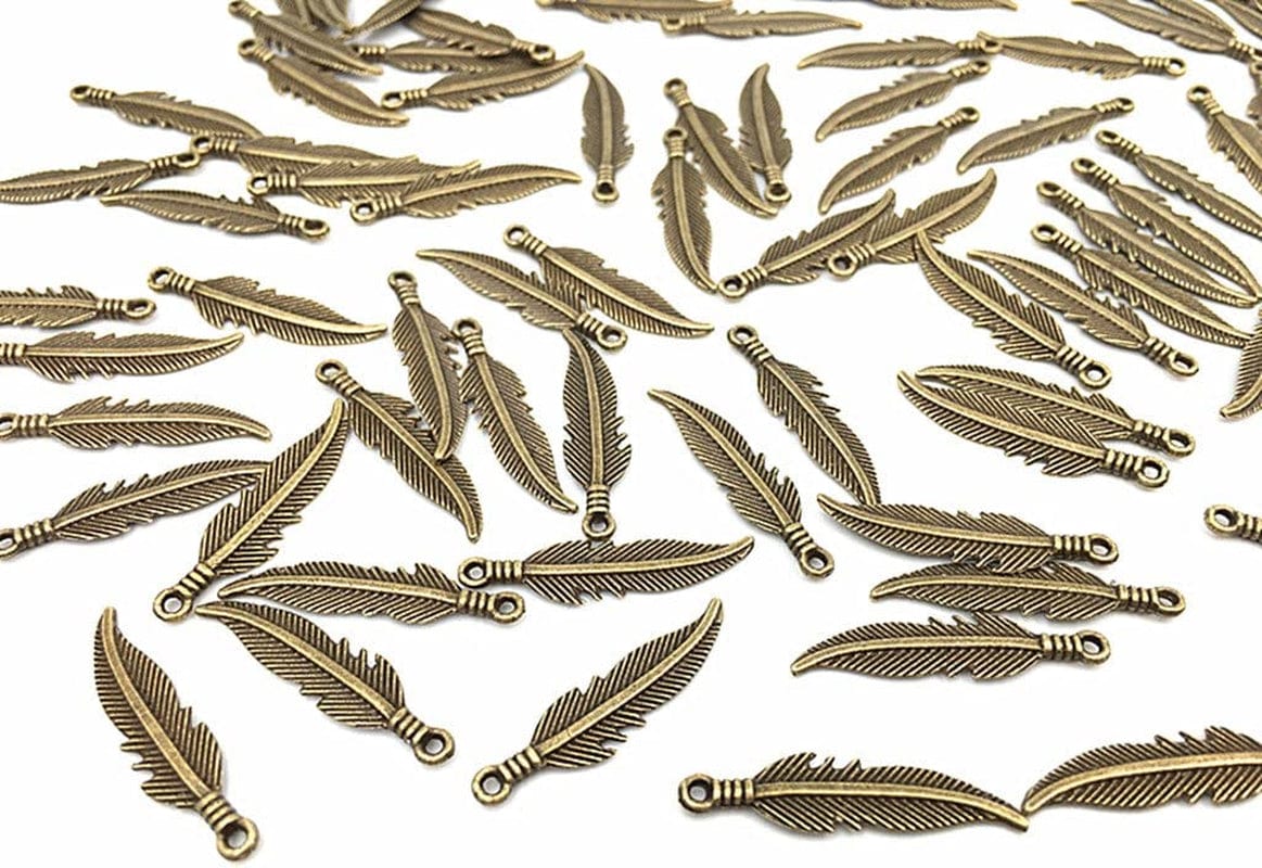 100Pcs Indian Style Feather Charm Pendant for DIY Key Chain Sweater Chain Bracelet Necklace Jewelry Making Findings(Antique Silver Tone) style 2#(Antique Bronze)