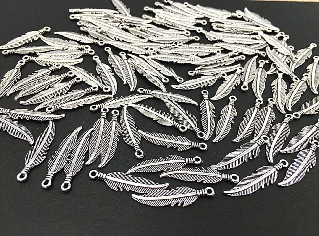 100Pcs Indian Style Feather Charm Pendant for DIY Key Chain Sweater Chain Bracelet Necklace Jewelry Making Findings(Antique Silver Tone)