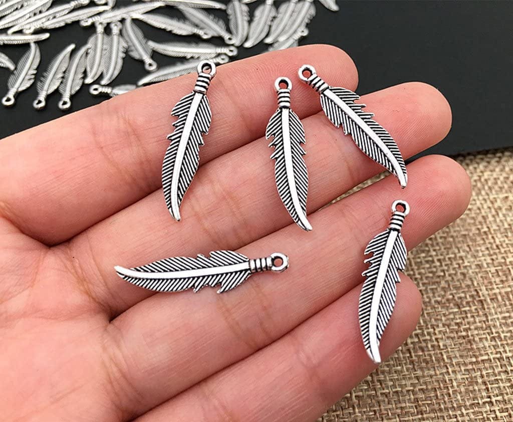 100Pcs Indian Style Feather Charm Pendant for DIY Key Chain Sweater Chain Bracelet Necklace Jewelry Making Findings(Antique Silver Tone)