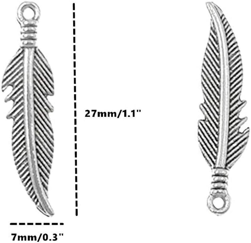 100Pcs Indian Style Feather Charm Pendant for DIY Key Chain Sweater Chain Bracelet Necklace Jewelry Making Findings(Antique Silver Tone)