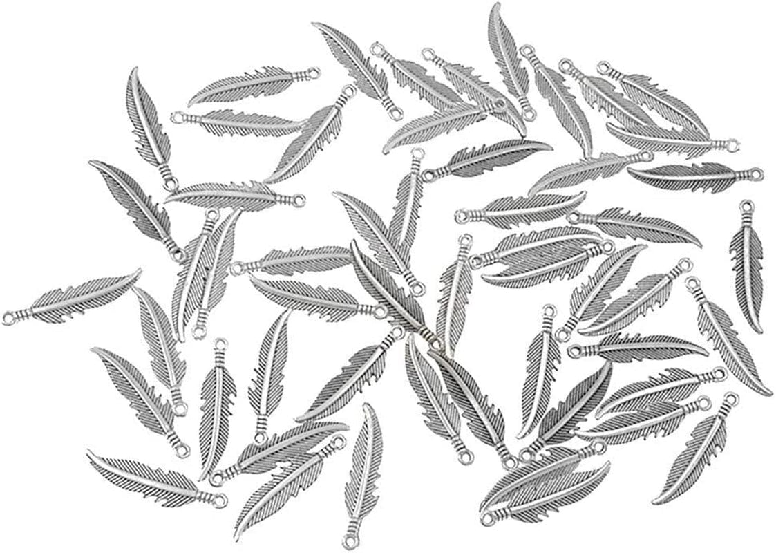 100Pcs Indian Style Feather Charm Pendant for DIY Key Chain Sweater Chain Bracelet Necklace Jewelry Making Findings(Antique Silver Tone) style 1#(Antique Silver)
