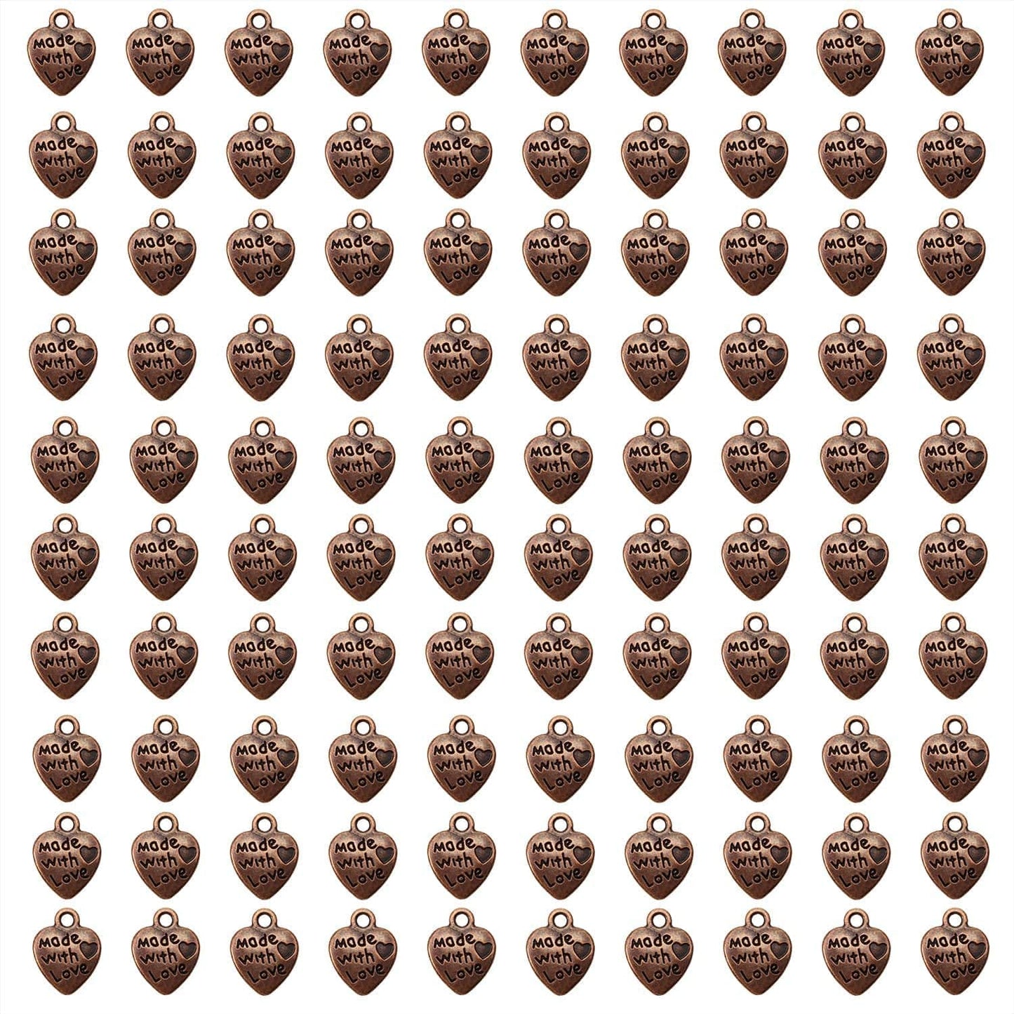 100PCS Mini Metal Beads Heart Shaped “Made with Love” Charms Bulk for DIY Craft Keychain Necklace Pendants Bracelets Earrings Jewelry Making Findings (Silver) Copper