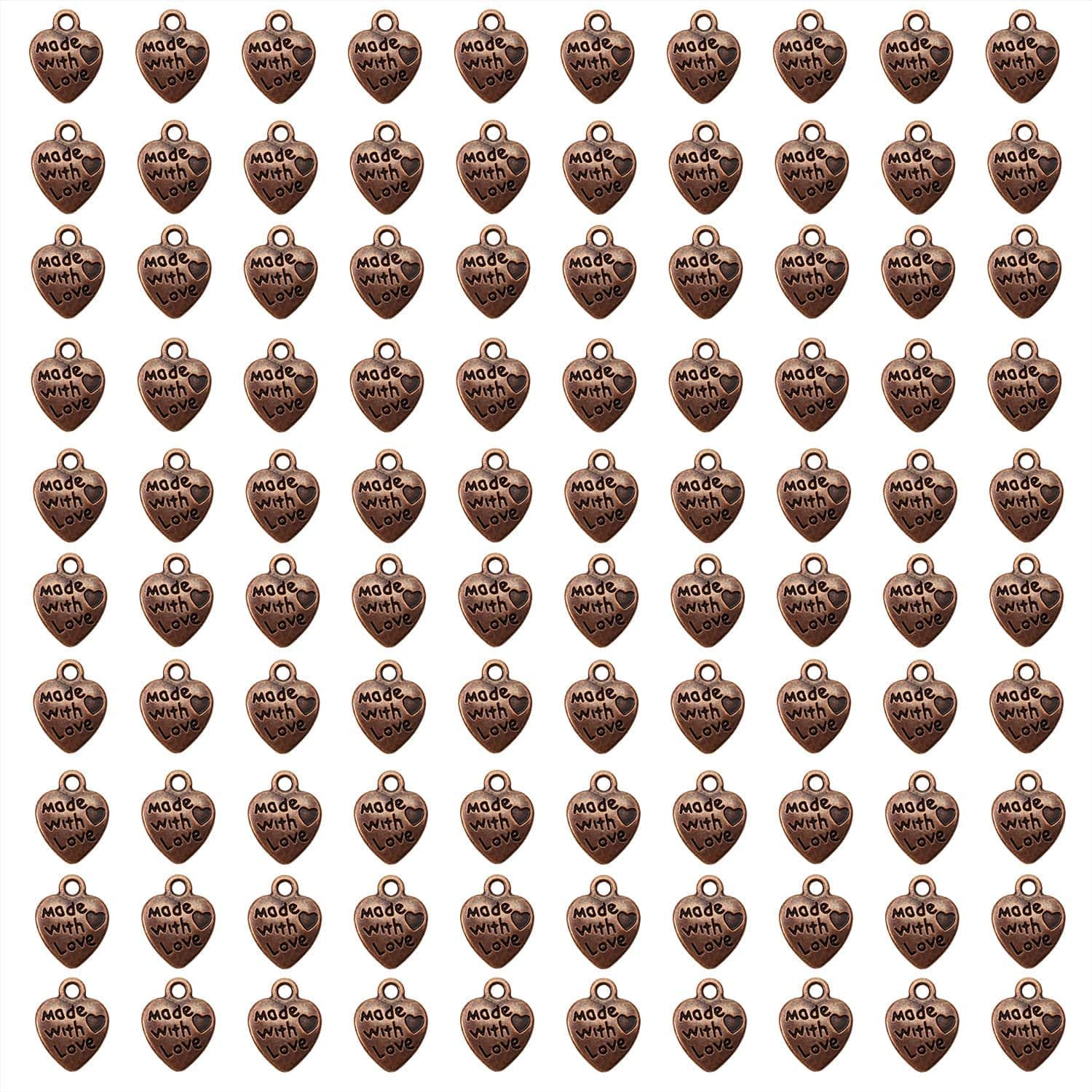 100PCS Mini Metal Beads Heart Shaped “Made with Love” Charms Bulk for DIY Craft Keychain Necklace Pendants Bracelets Earrings Jewelry Making Findings (Silver) Copper