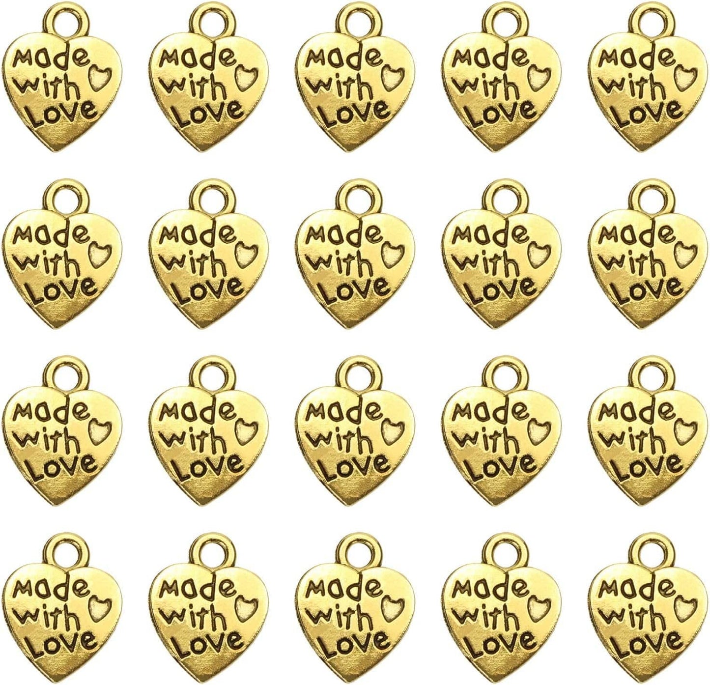 100PCS Mini Metal Beads Heart Shaped “Made with Love” Charms Bulk for DIY Craft Keychain Necklace Pendants Bracelets Earrings Jewelry Making Findings (Silver) Gold