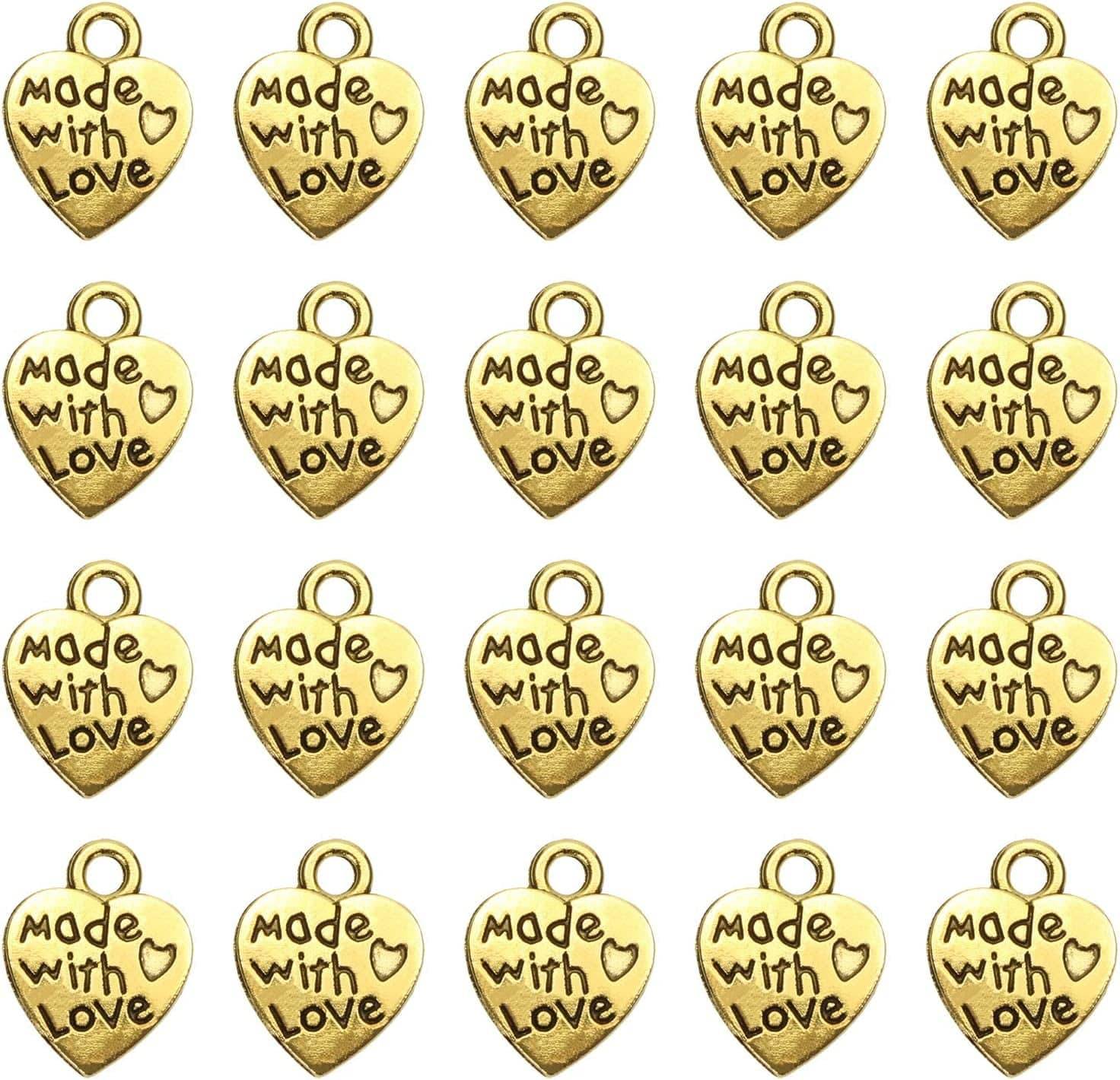 100PCS Mini Metal Beads Heart Shaped “Made with Love” Charms Bulk for DIY Craft Keychain Necklace Pendants Bracelets Earrings Jewelry Making Findings (Silver) Gold