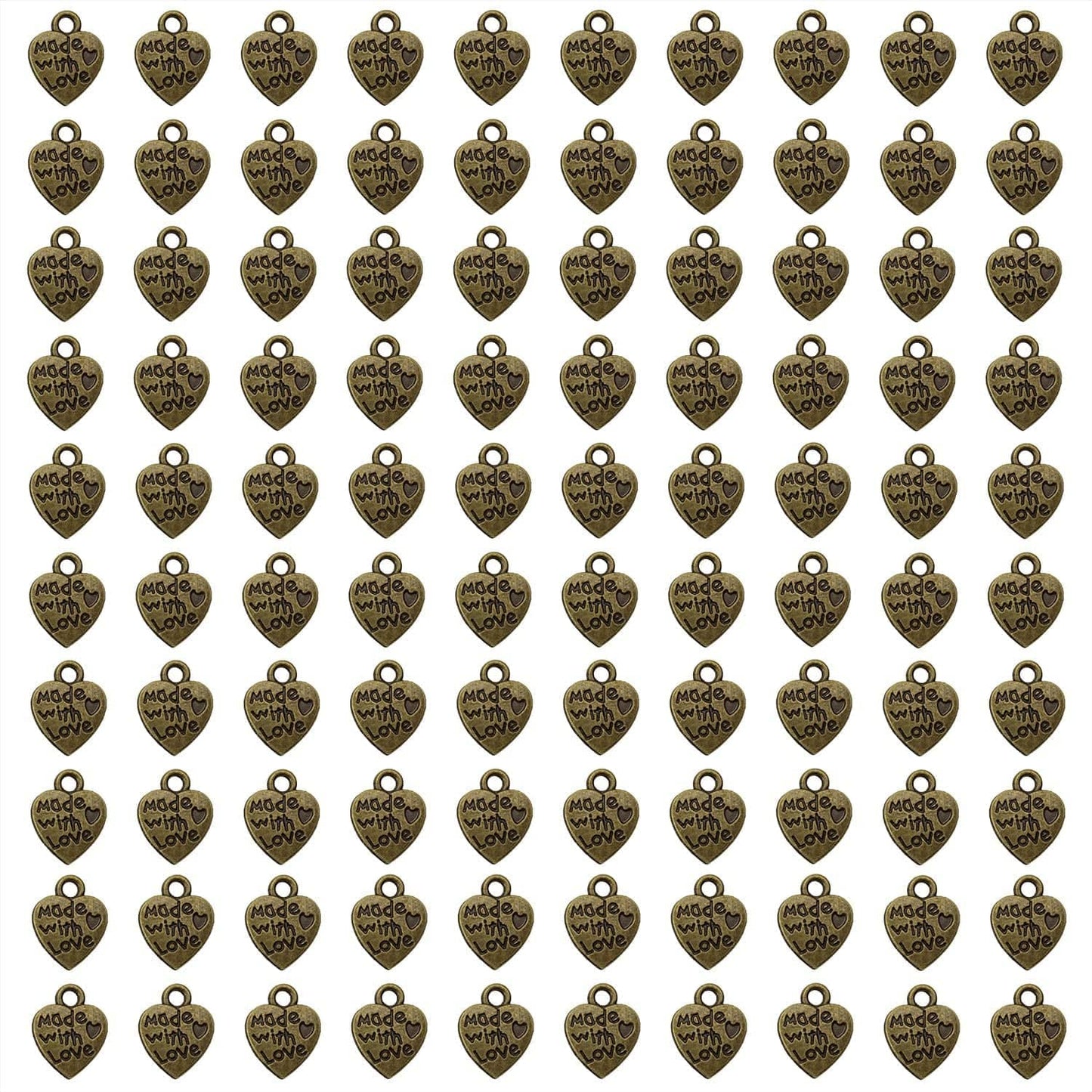 100PCS Mini Metal Beads Heart Shaped “Made with Love” Charms Bulk for DIY Craft Keychain Necklace Pendants Bracelets Earrings Jewelry Making Findings (Silver) Bronze