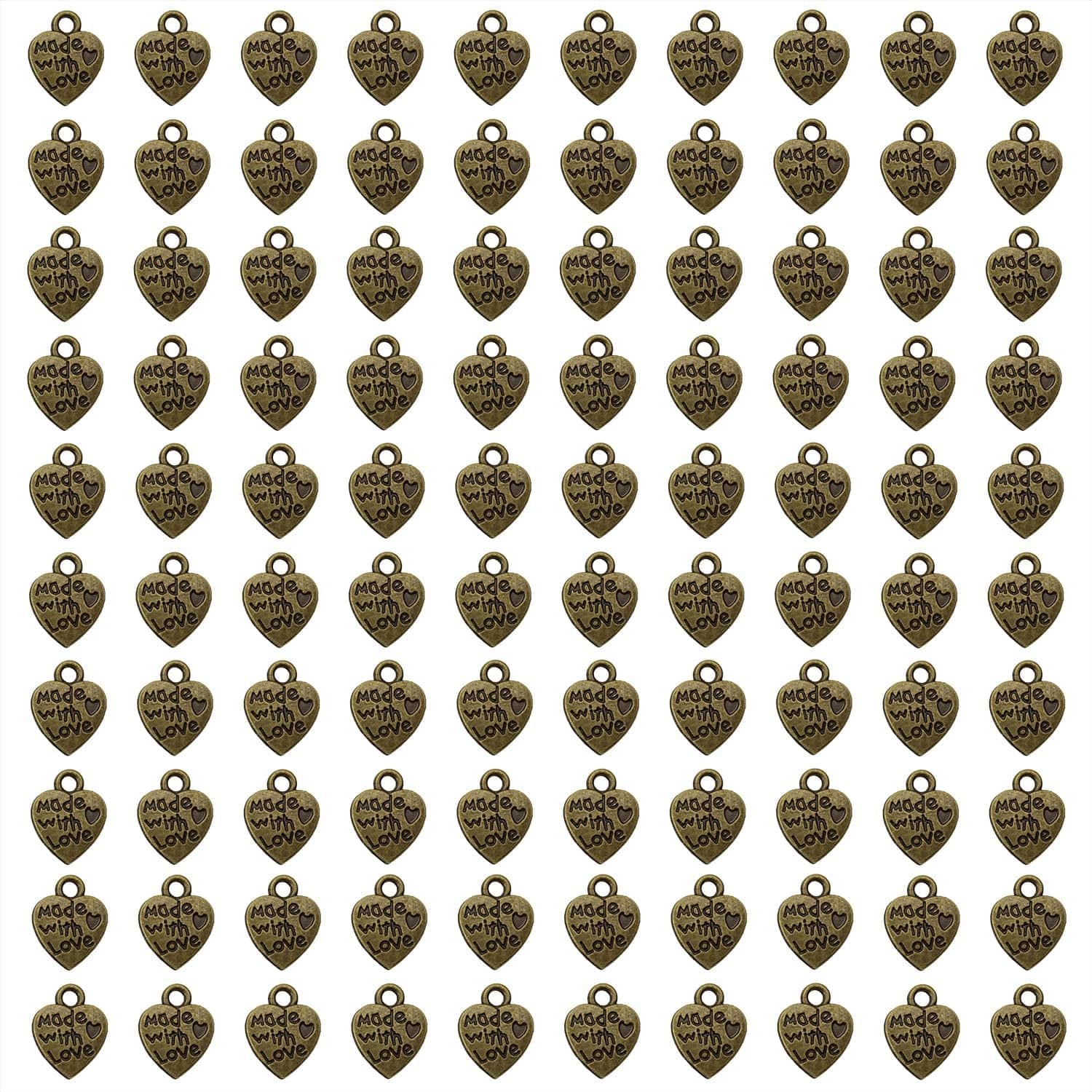 100PCS Mini Metal Beads Heart Shaped “Made with Love” Charms Bulk for DIY Craft Keychain Necklace Pendants Bracelets Earrings Jewelry Making Findings (Silver) Bronze