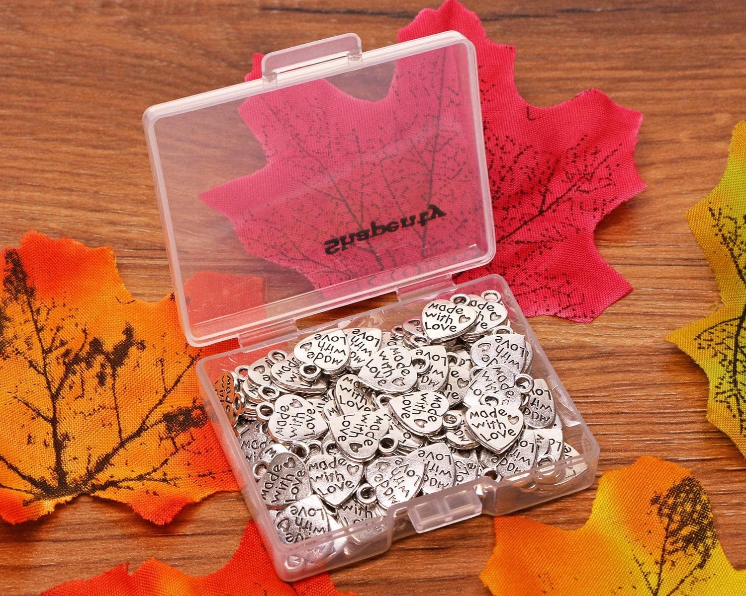 100PCS Mini Metal Beads Heart Shaped “Made with Love” Charms Bulk for DIY Craft Keychain Necklace Pendants Bracelets Earrings Jewelry Making Findings (Silver)