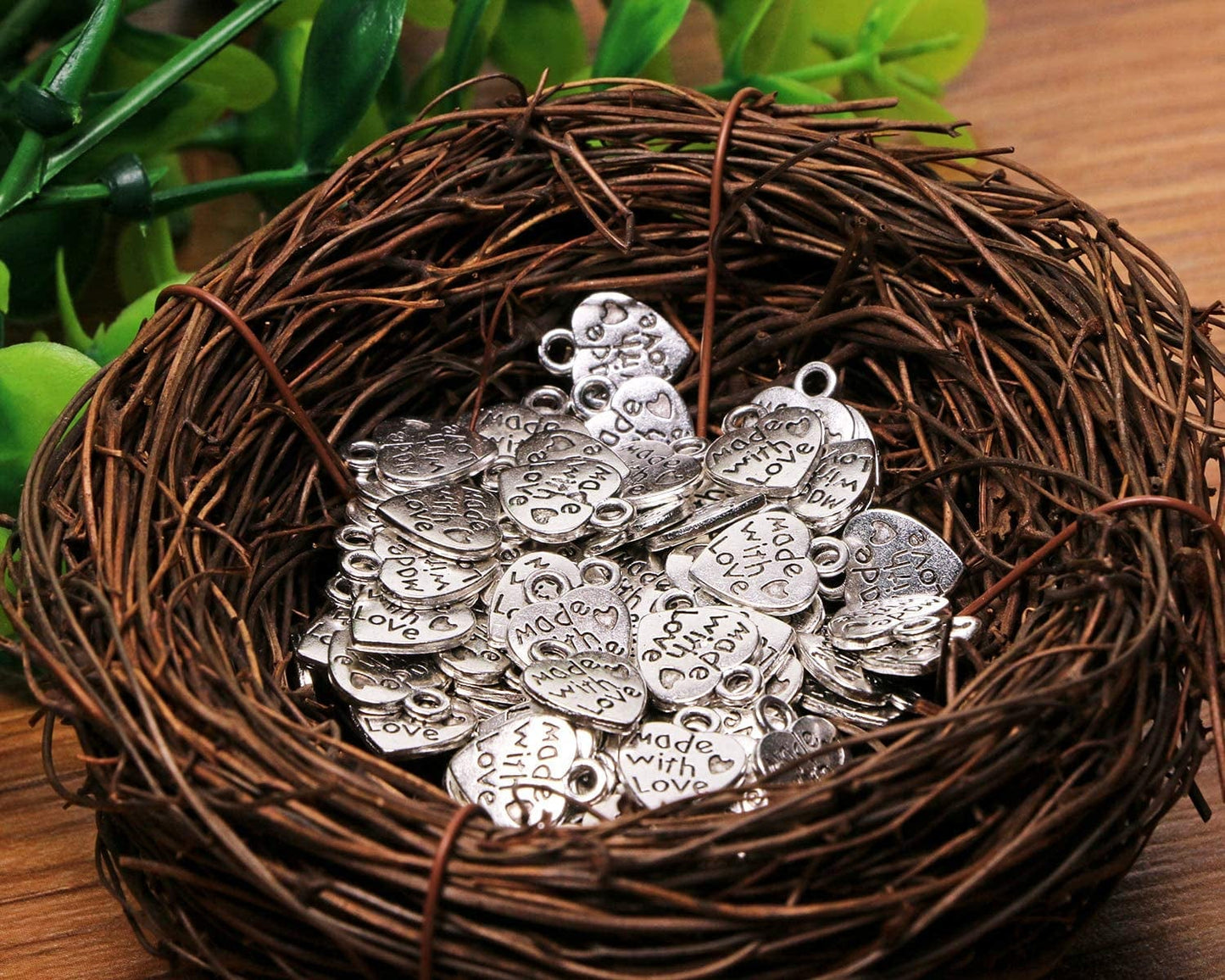 100PCS Mini Metal Beads Heart Shaped “Made with Love” Charms Bulk for DIY Craft Keychain Necklace Pendants Bracelets Earrings Jewelry Making Findings (Silver)