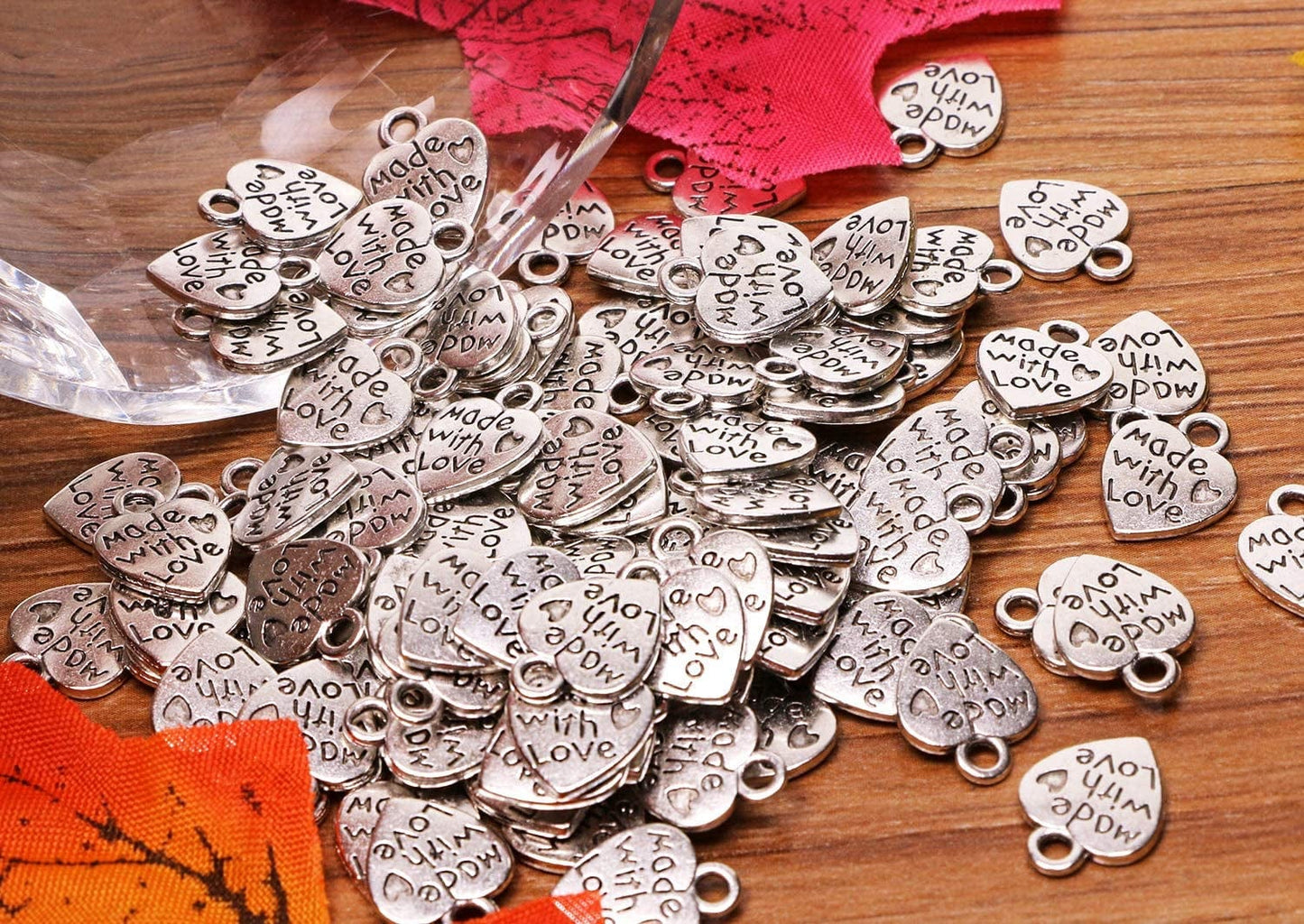 100PCS Mini Metal Beads Heart Shaped “Made with Love” Charms Bulk for DIY Craft Keychain Necklace Pendants Bracelets Earrings Jewelry Making Findings (Silver)