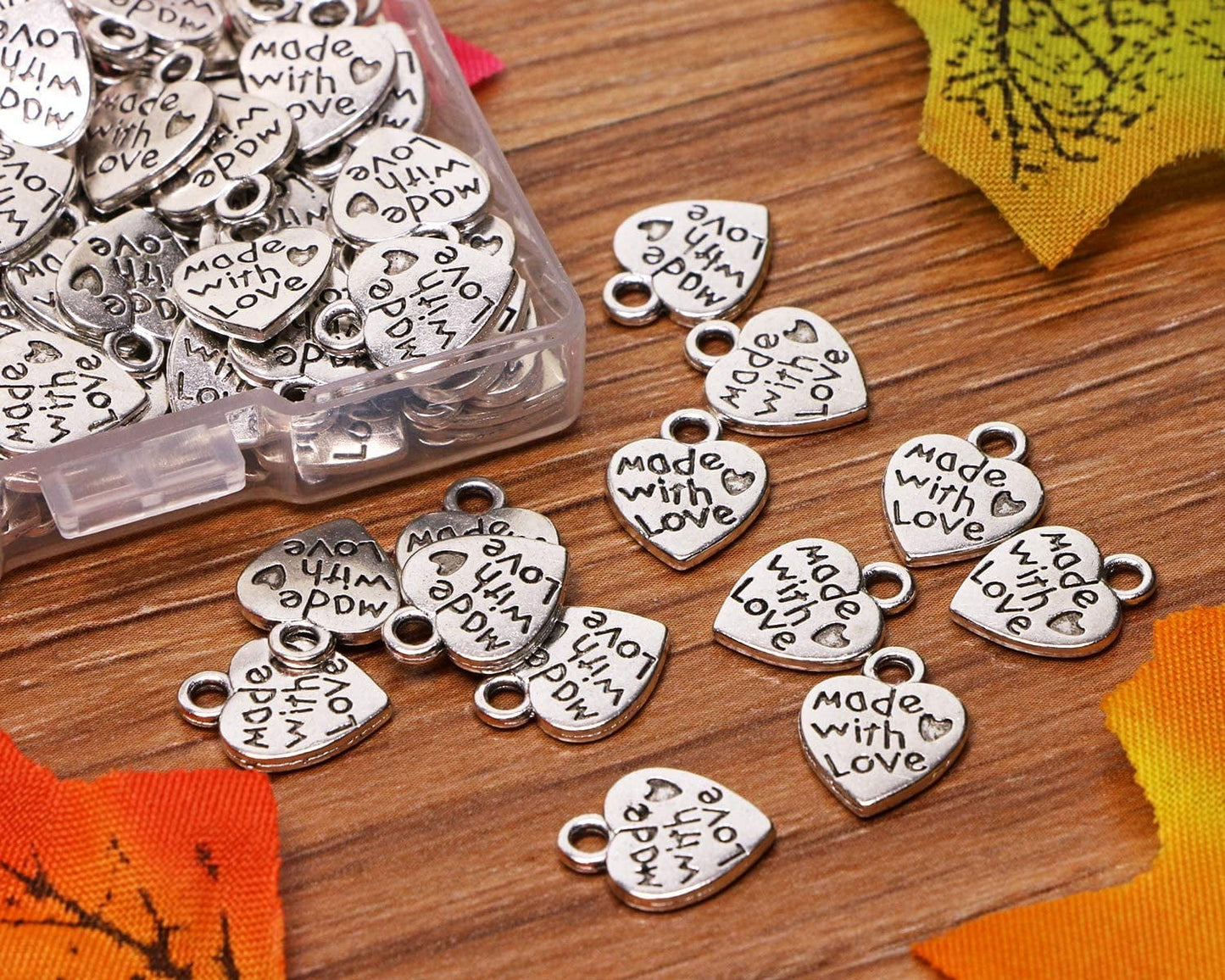100PCS Mini Metal Beads Heart Shaped “Made with Love” Charms Bulk for DIY Craft Keychain Necklace Pendants Bracelets Earrings Jewelry Making Findings (Silver)