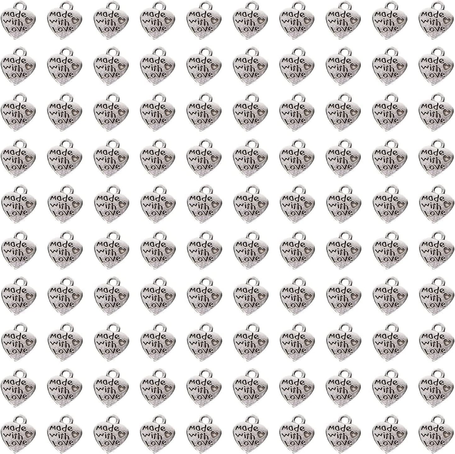 100PCS Mini Metal Beads Heart Shaped “Made with Love” Charms Bulk for DIY Craft Keychain Necklace Pendants Bracelets Earrings Jewelry Making Findings (Silver) Silver
