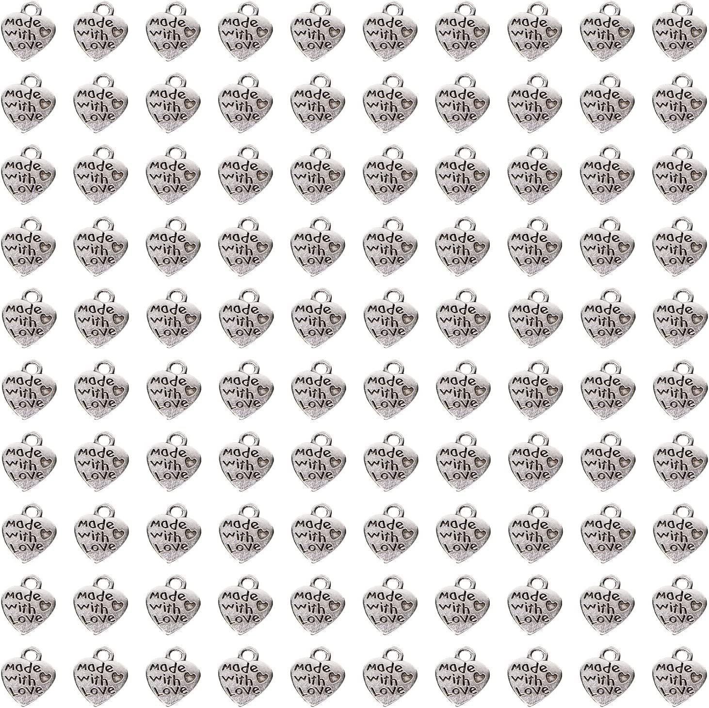 100PCS Mini Metal Beads Heart Shaped “Made with Love” Charms Bulk for DIY Craft Keychain Necklace Pendants Bracelets Earrings Jewelry Making Findings (Silver) Silver