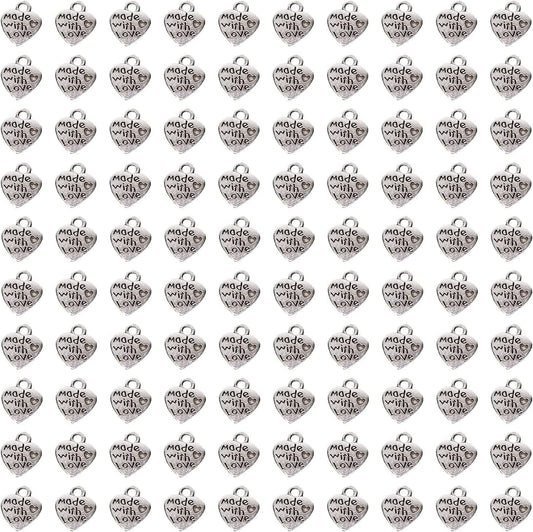 100PCS Mini Metal Beads Heart Shaped “Made with Love” Charms Bulk for DIY Craft Keychain Necklace Pendants Bracelets Earrings Jewelry Making Findings (Silver) Silver