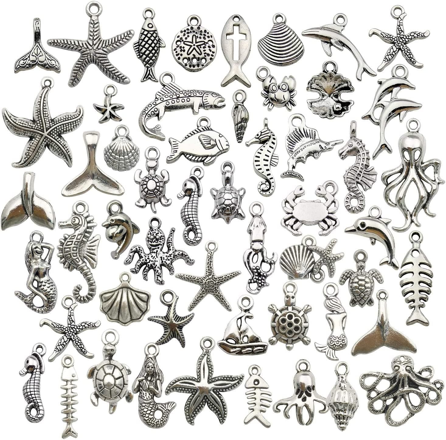 100Pcs Mix Silver Tree Flower Charms Collection, Bulk Mini Small Little Charms Metal Pendant Craft Supplies Findings for Necklace and Bracelet Jewelry Making (HM291) Summer Beach Charm-100pcs