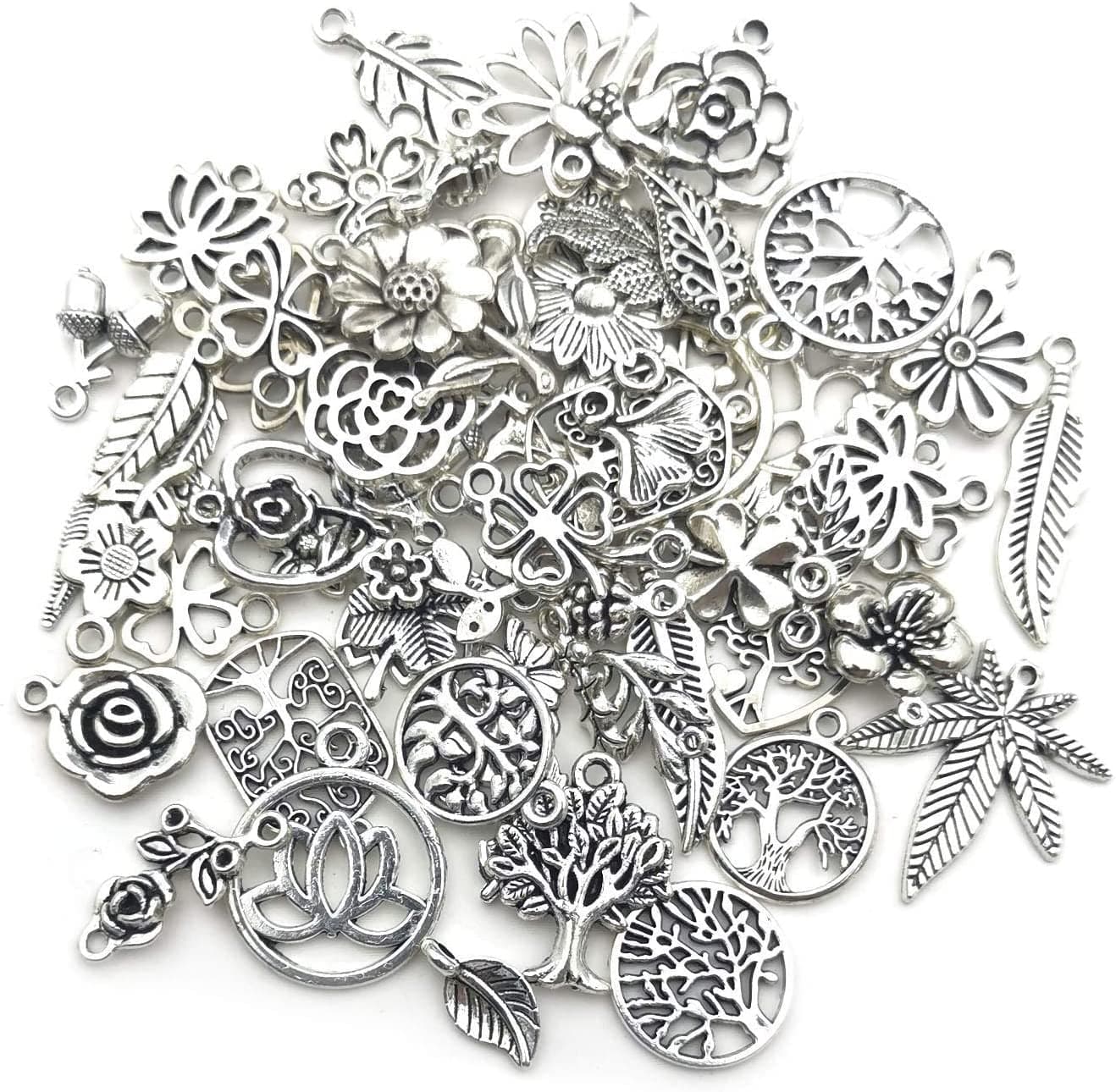 100Pcs Mix Silver Tree Flower Charms Collection, Bulk Mini Small Little Charms Metal Pendant Craft Supplies Findings for Necklace and Bracelet Jewelry Making (HM291)