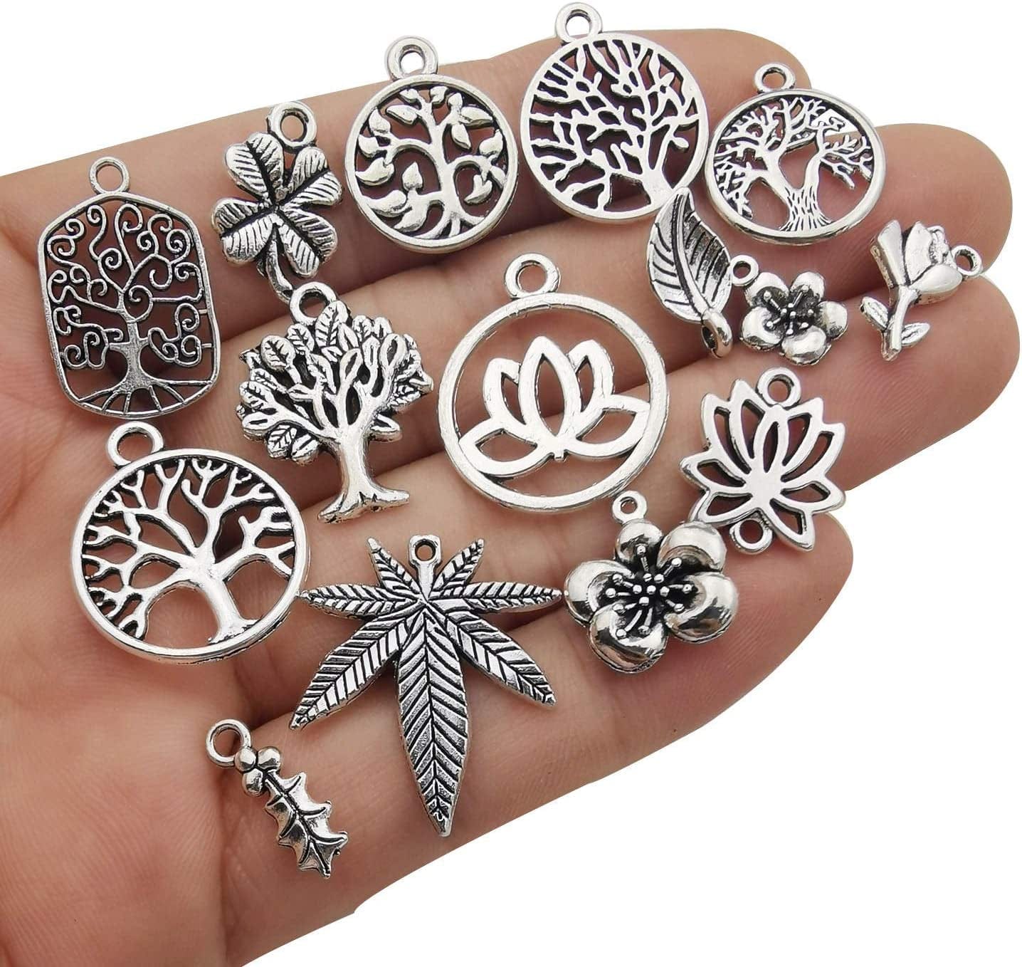 100Pcs Mix Silver Tree Flower Charms Collection, Bulk Mini Small Little Charms Metal Pendant Craft Supplies Findings for Necklace and Bracelet Jewelry Making (HM291)