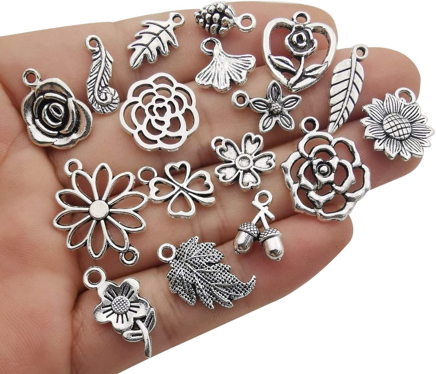 100Pcs Mix Silver Tree Flower Charms Collection, Bulk Mini Small Little Charms Metal Pendant Craft Supplies Findings for Necklace and Bracelet Jewelry Making (HM291)