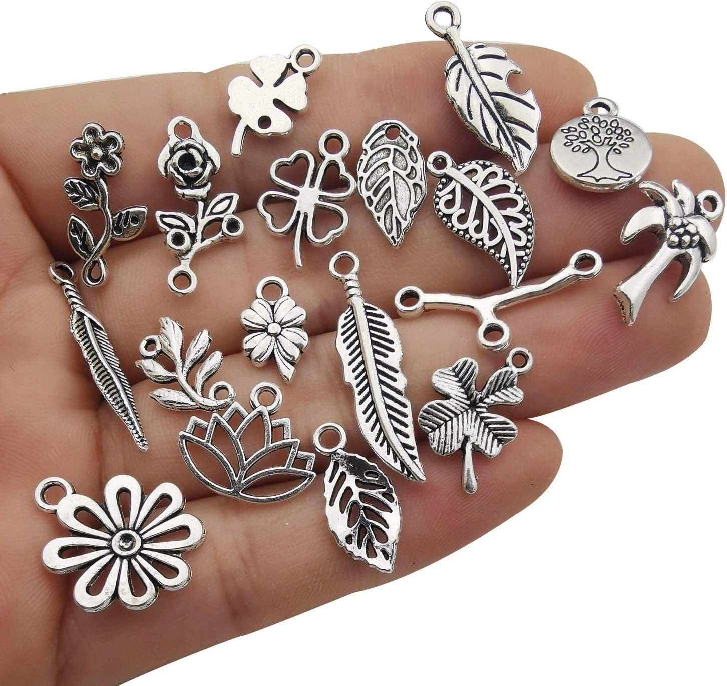 100Pcs Mix Silver Tree Flower Charms Collection, Bulk Mini Small Little Charms Metal Pendant Craft Supplies Findings for Necklace and Bracelet Jewelry Making (HM291)