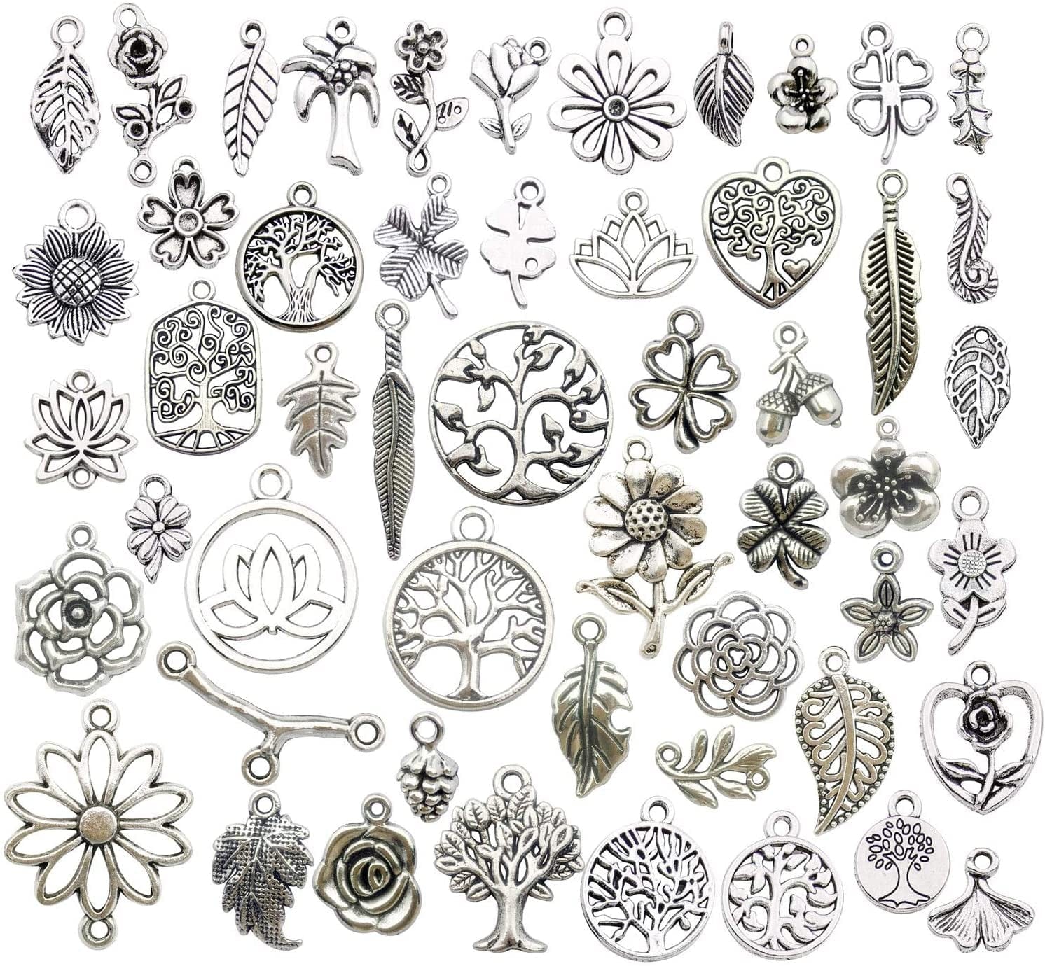 100Pcs Mix Silver Tree Flower Charms Collection, Bulk Mini Small Little Charms Metal Pendant Craft Supplies Findings for Necklace and Bracelet Jewelry Making (HM291) Tree Flower Charms-100pcs