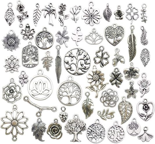 100Pcs Mix Silver Tree Flower Charms Collection, Bulk Mini Small Little Charms Metal Pendant Craft Supplies Findings for Necklace and Bracelet Jewelry Making (HM291) Tree Flower Charms-100pcs