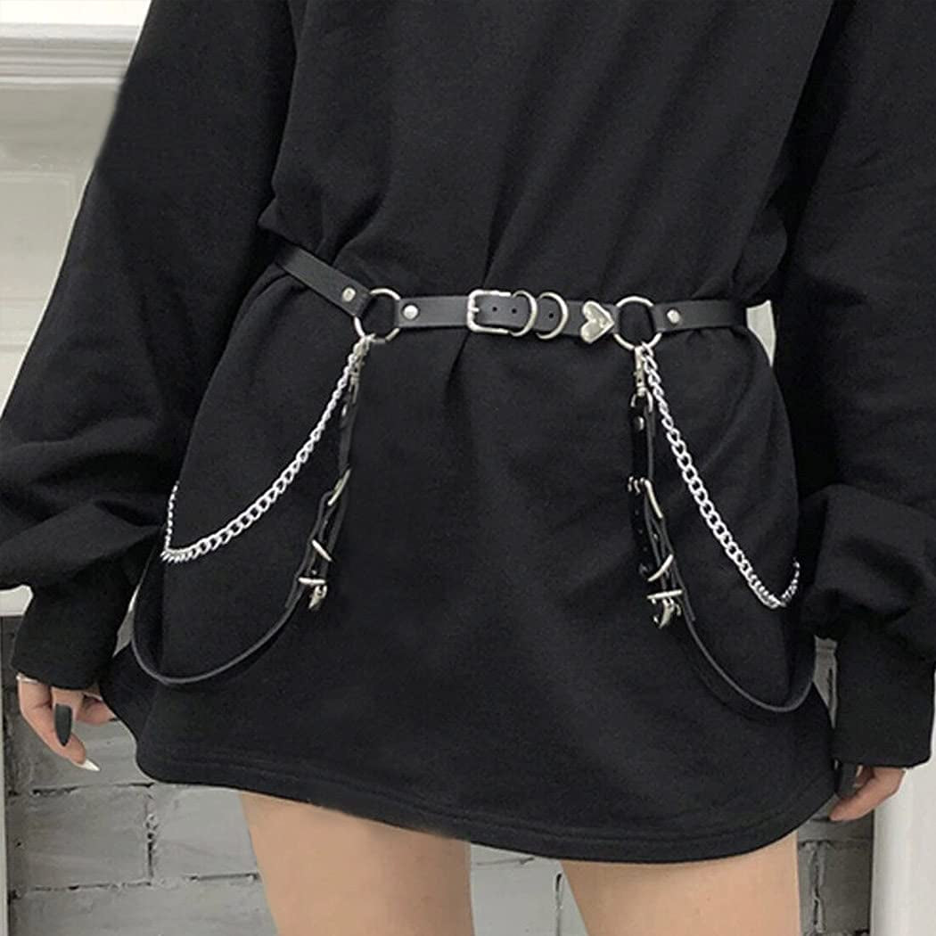 Cosydays Punk Leather Body Chain Black Harness Heart Waist Chain Belt Layered Party Rave Outfits Leather Belts Belly Chain Jewelry for Women and Girls Apparel & Accessories > Jewelry > Body Jewelry COSYDAYS
