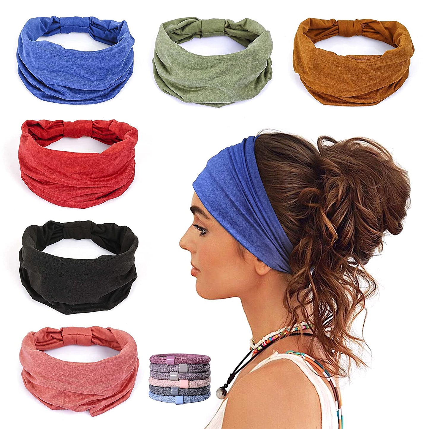 Gili 6 Pack Wide Headbands for Women Non Slip Soft Elastic Hair Bands Yoga Running Sports Workout Gym Head Wraps , Knotted Cotton Cloth African Turbans Bandana ( with 6 Pcs Hair Ties) Apparel & Accessories > Clothing Accessories > Bandanas & Headties GILI 6 Color (Black+Brown+Red+Green+Blue+Pink)