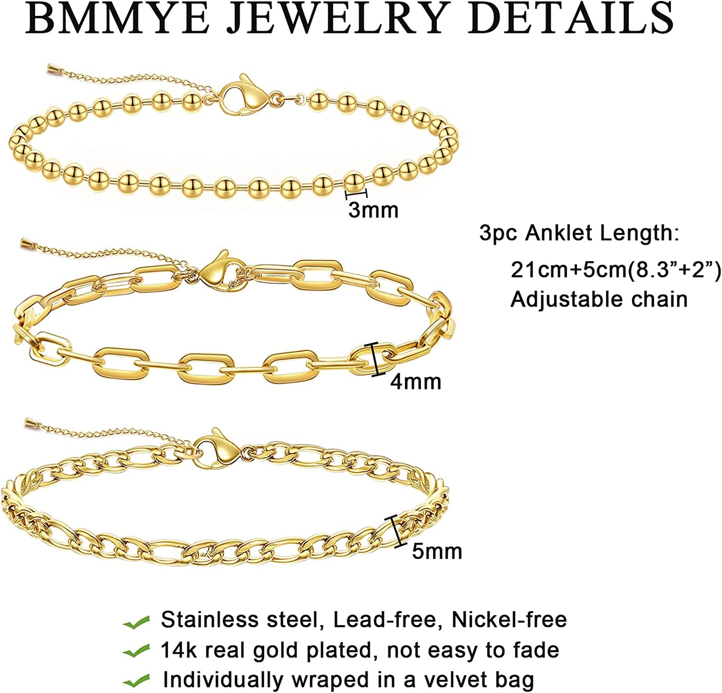 Not Easy Fade 14K Gold Ankle Bracelets for Women, Dainty Anklets for Women Stainless Steel plus Size Adjustable Anklet Set Tobilleras De Mujer Apparel & Accessories > Jewelry > Anklets BMMYE