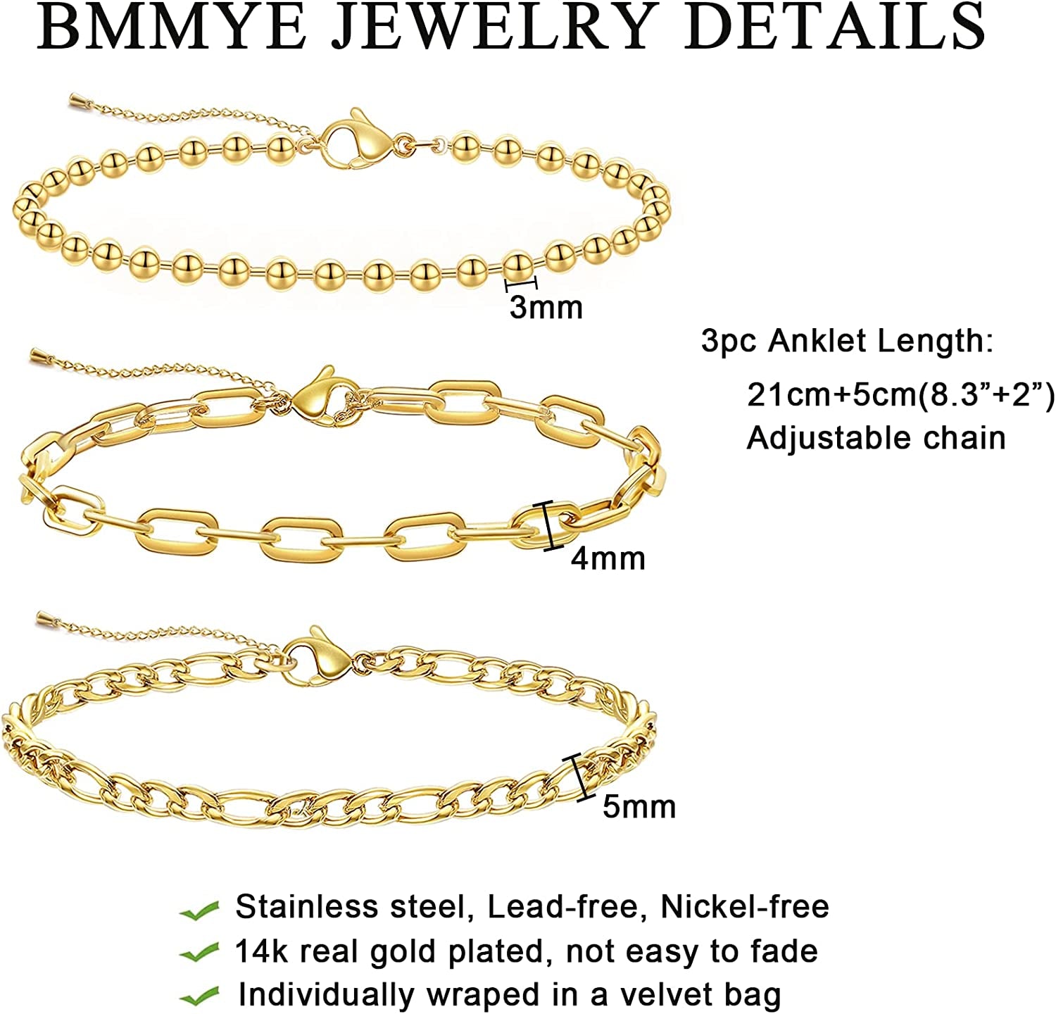 Not Easy Fade 14K Gold Ankle Bracelets for Women, Dainty Anklets for Women Stainless Steel plus Size Adjustable Anklet Set Tobilleras De Mujer Apparel & Accessories > Jewelry > Anklets BMMYE