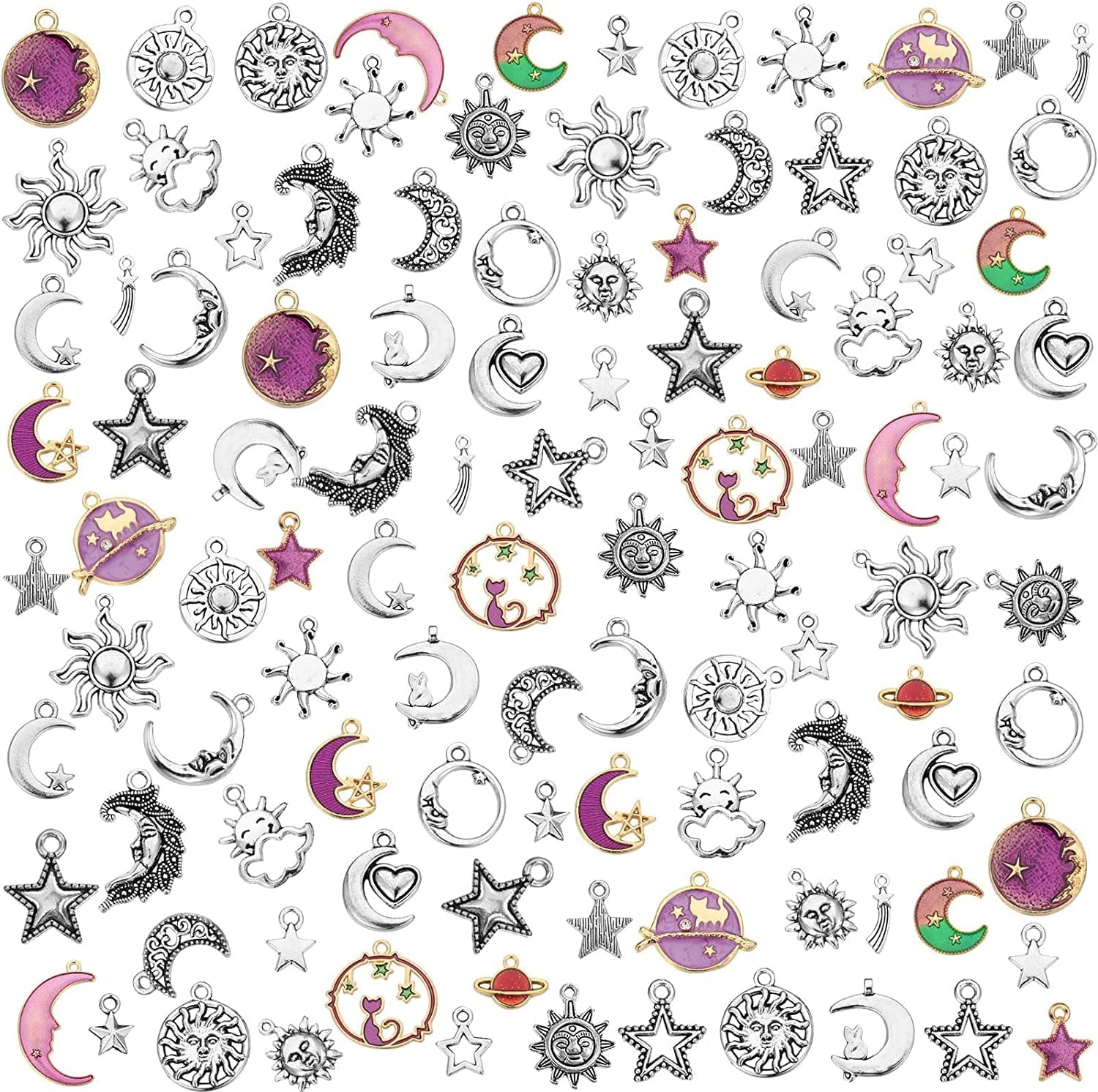 108 Pieces Jewelry Charms, Mixed Antique Silver Sun Stars Moon Charms Pendants, Assorted Gold Plated Enamel Cat Moon Star Celestial Charm Pendant for Earrings Necklace Jewelry Crafting Assorted,Purple,Silver