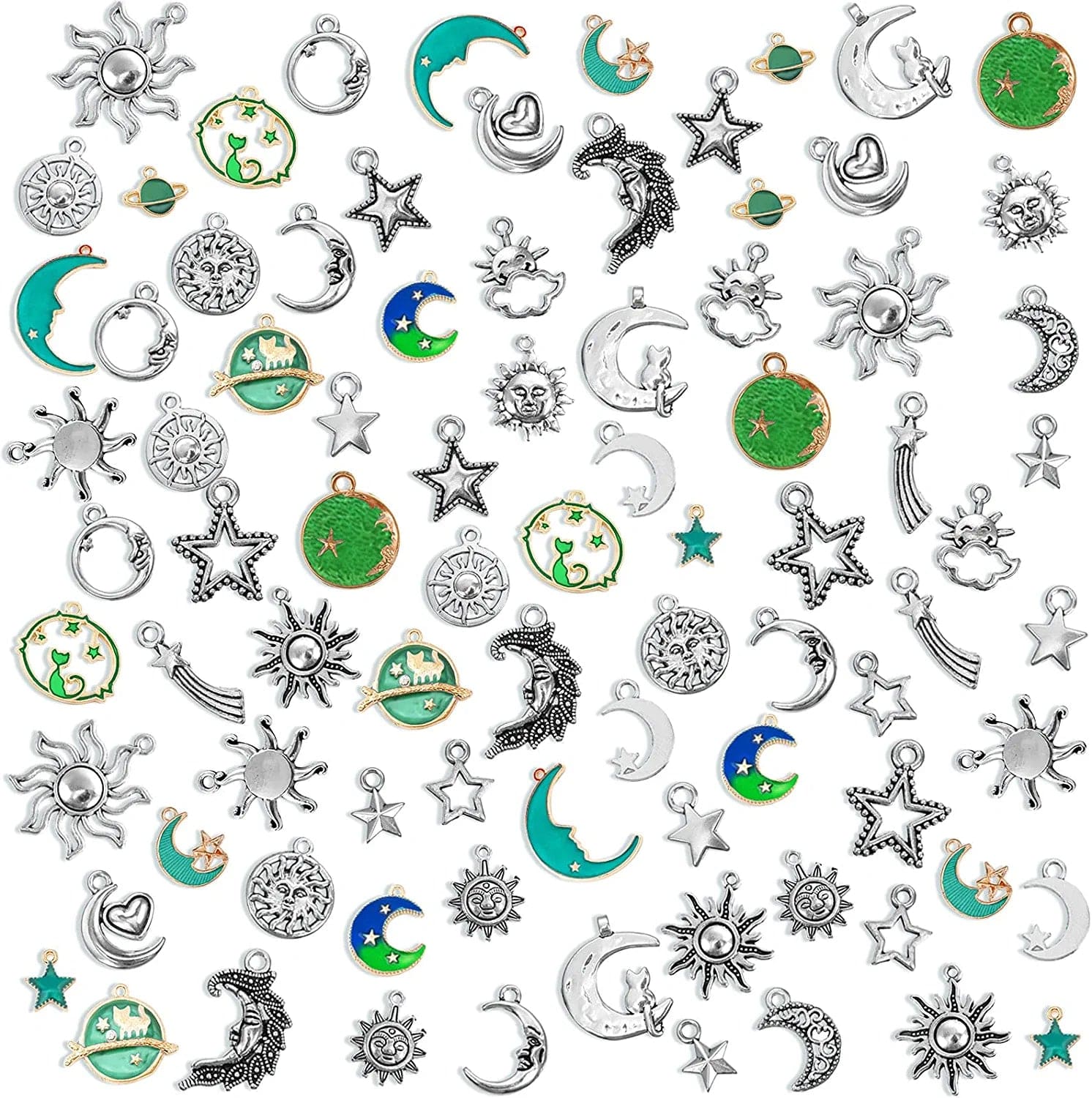 108 Pieces Jewelry Charms, Mixed Antique Silver Sun Stars Moon Charms Pendants, Assorted Gold Plated Enamel Cat Moon Star Celestial Charm Pendant for Earrings Necklace Jewelry Crafting Assorted,Green,Silver