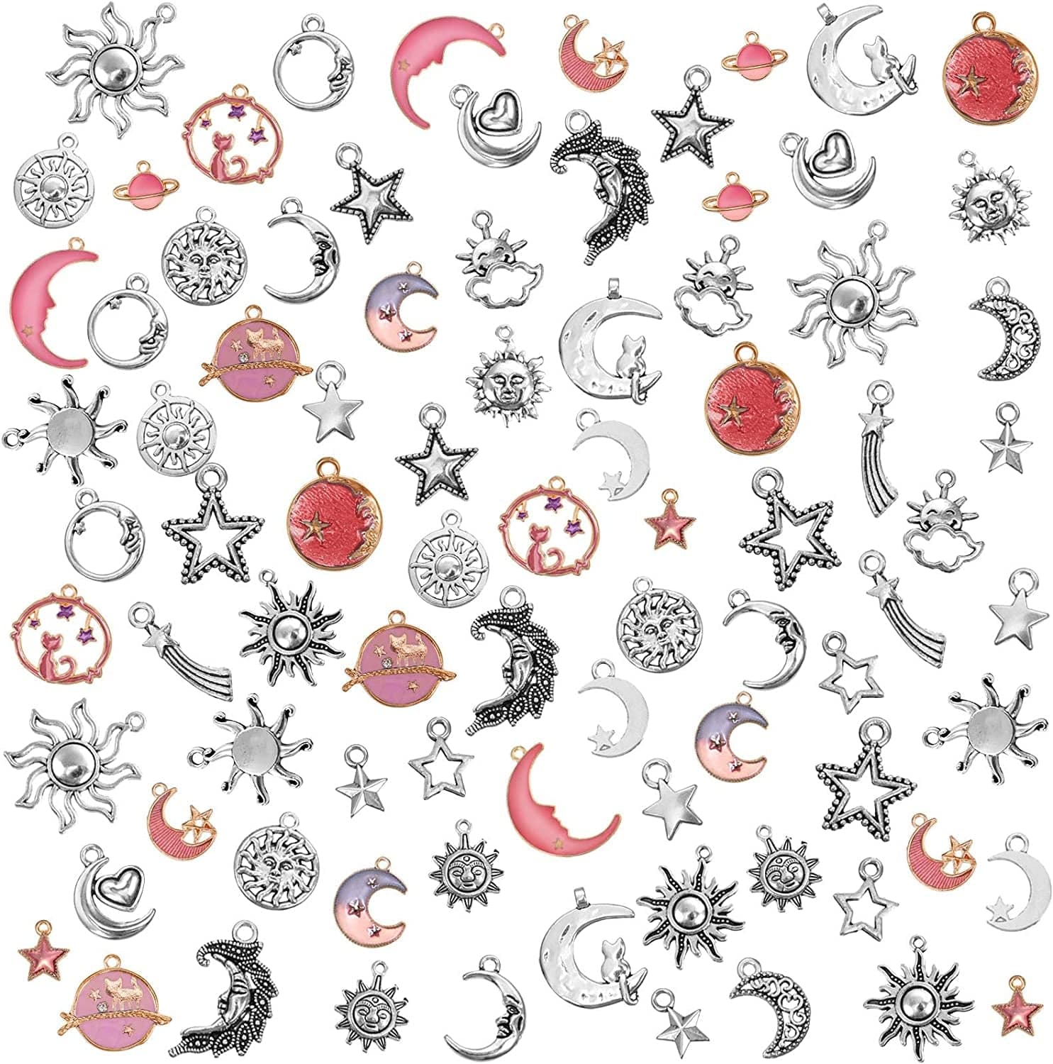 108 Pieces Jewelry Charms, Mixed Antique Silver Sun Stars Moon Charms Pendants, Assorted Gold Plated Enamel Cat Moon Star Celestial Charm Pendant for Earrings Necklace Jewelry Crafting Assorted,Pink,Silver
