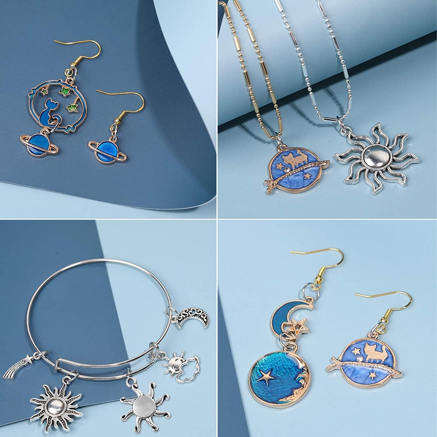 108 Pieces Jewelry Charms, Mixed Antique Silver Sun Stars Moon Charms Pendants, Assorted Gold Plated Enamel Cat Moon Star Celestial Charm Pendant for Earrings Necklace Jewelry Crafting