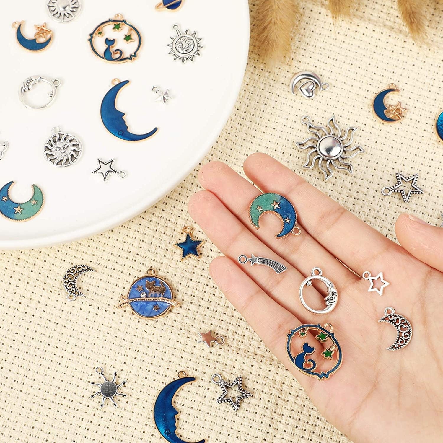 108 Pieces Jewelry Charms, Mixed Antique Silver Sun Stars Moon Charms Pendants, Assorted Gold Plated Enamel Cat Moon Star Celestial Charm Pendant for Earrings Necklace Jewelry Crafting