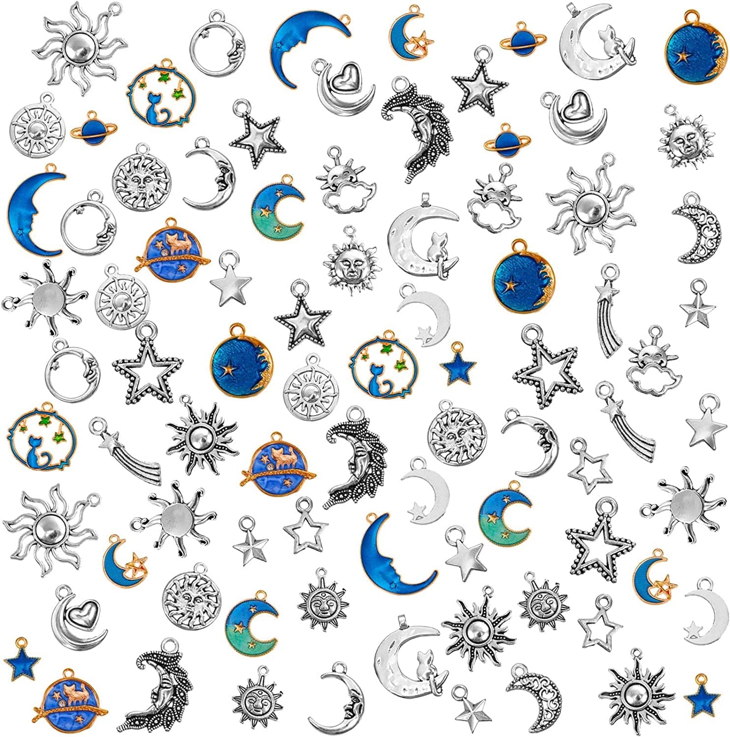 108 Pieces Jewelry Charms, Mixed Antique Silver Sun Stars Moon Charms Pendants, Assorted Gold Plated Enamel Cat Moon Star Celestial Charm Pendant for Earrings Necklace Jewelry Crafting Assorted,Blue,Silver